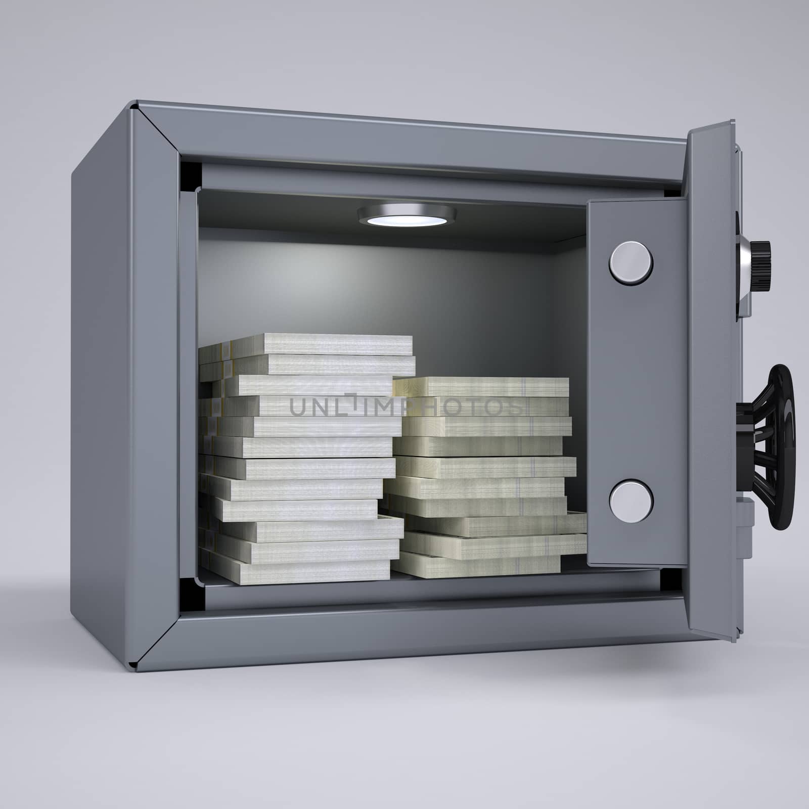 Wads of cash in an open metal safe by cherezoff