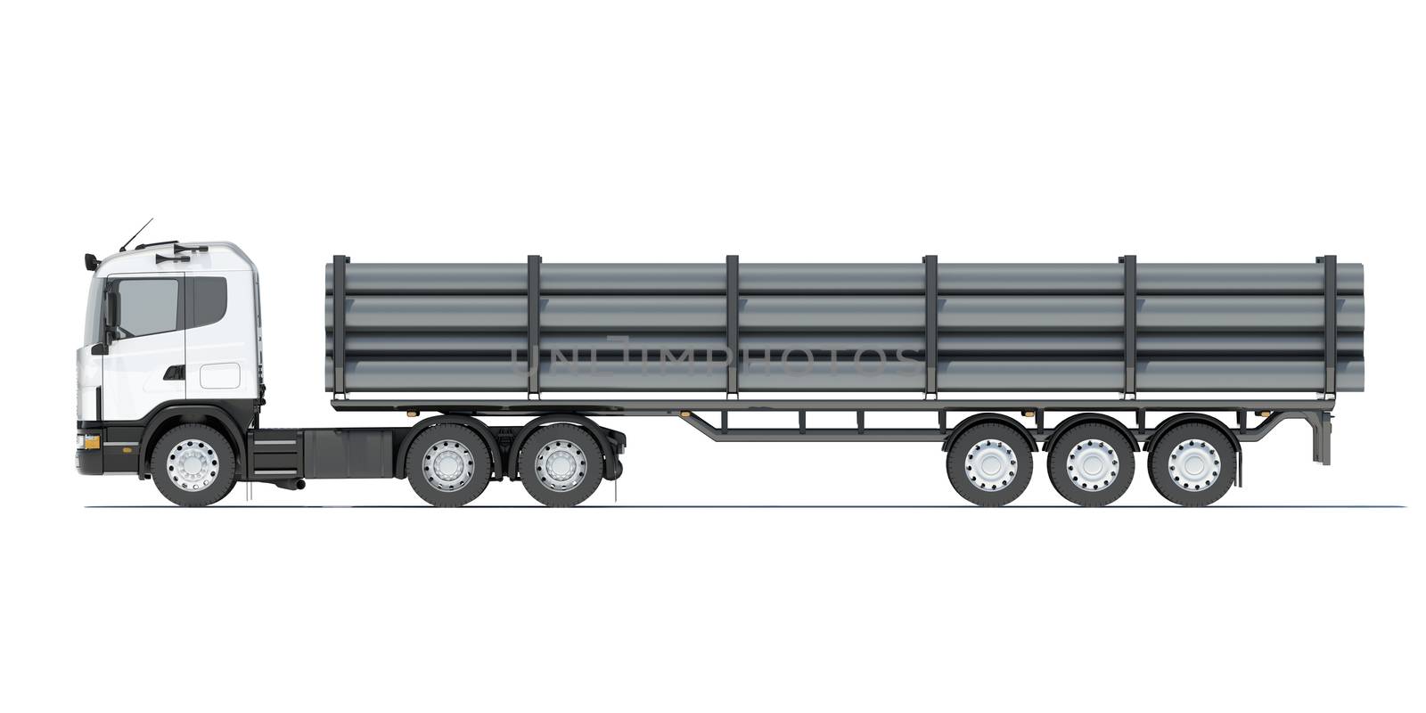 Truck transporting pipe. Front view. Isolated render on a white background