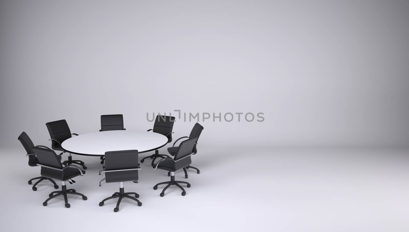 Round table and eight office chairs on a gray background. Cooperation concept