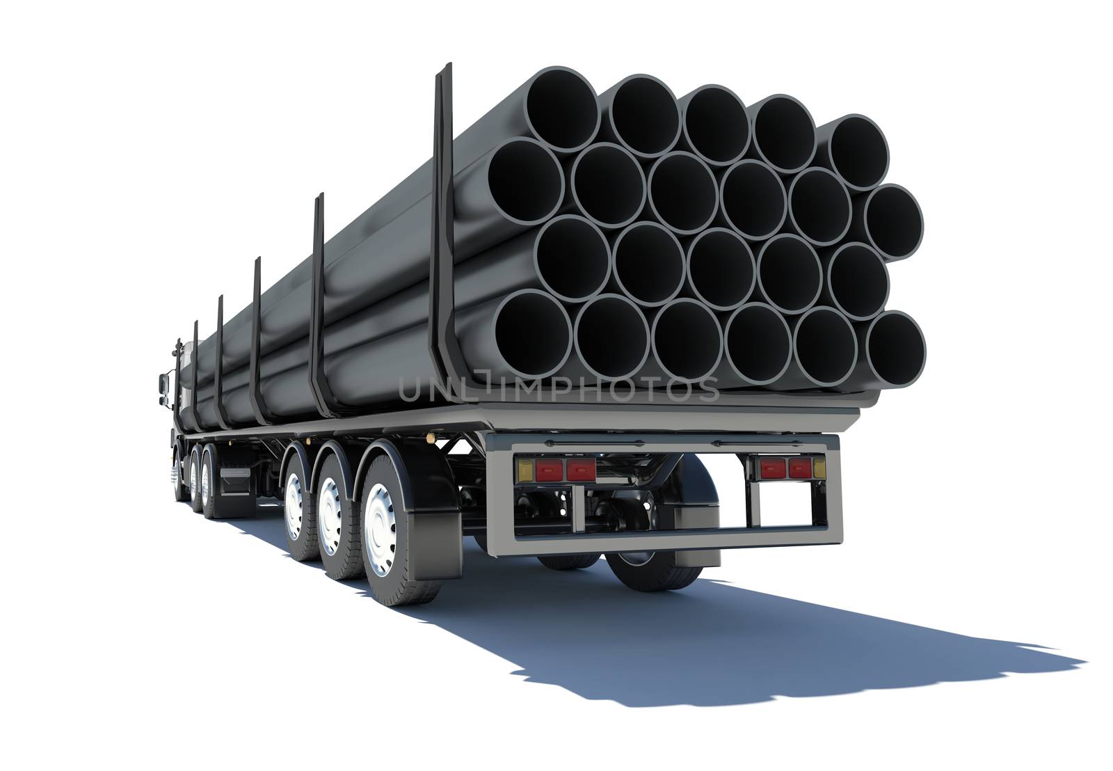 Truck transporting pipe. Rear view. Isolated render on a white background