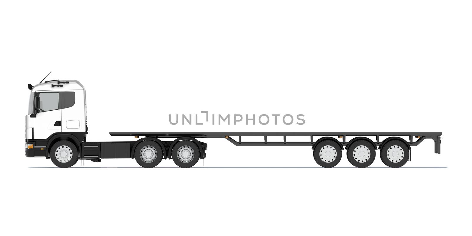 Truck with semitrailer platform. Front view. Isolated render on a white background
