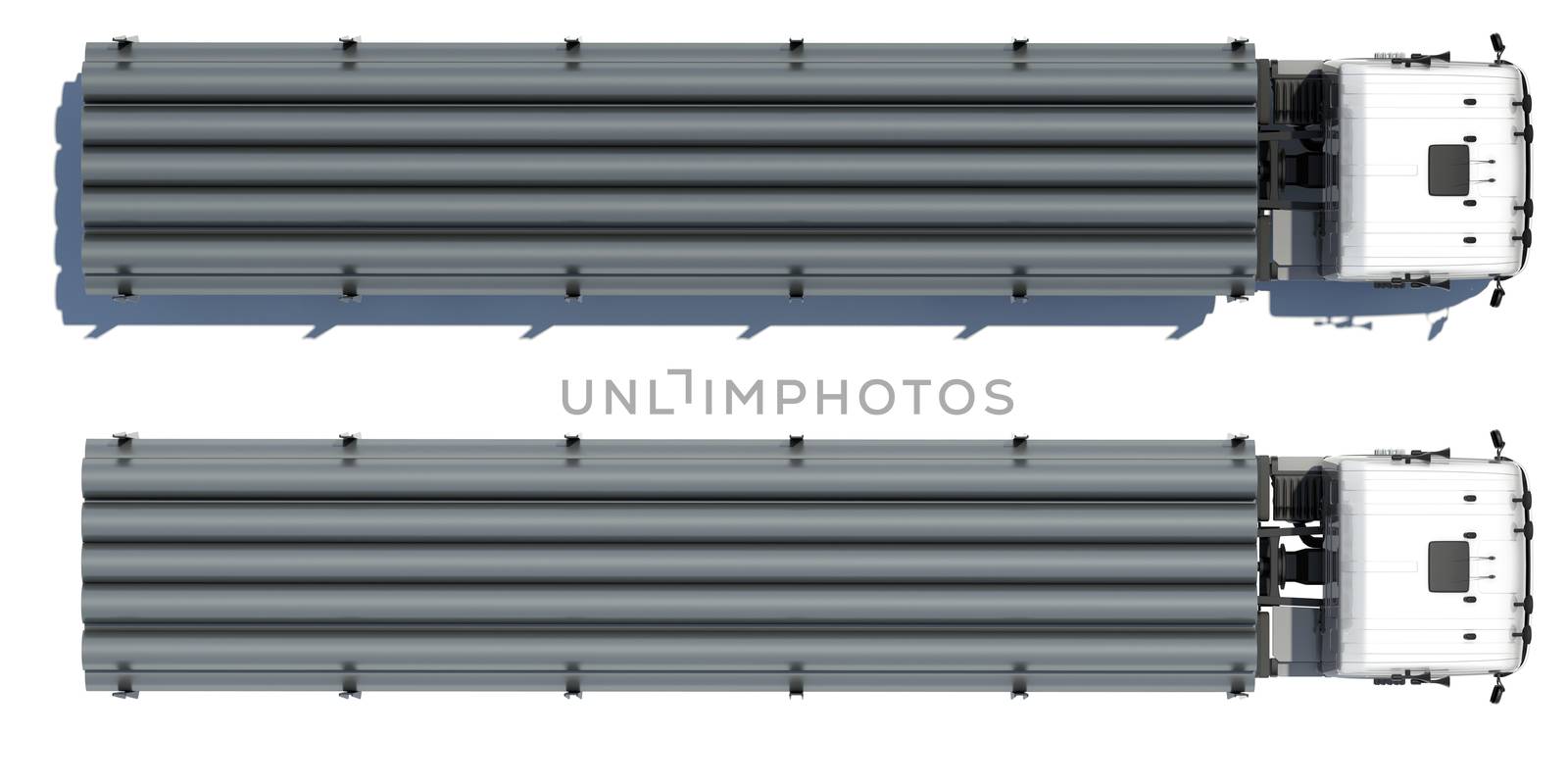 Truck transporting pipe. Top view. Isolated render on a white background