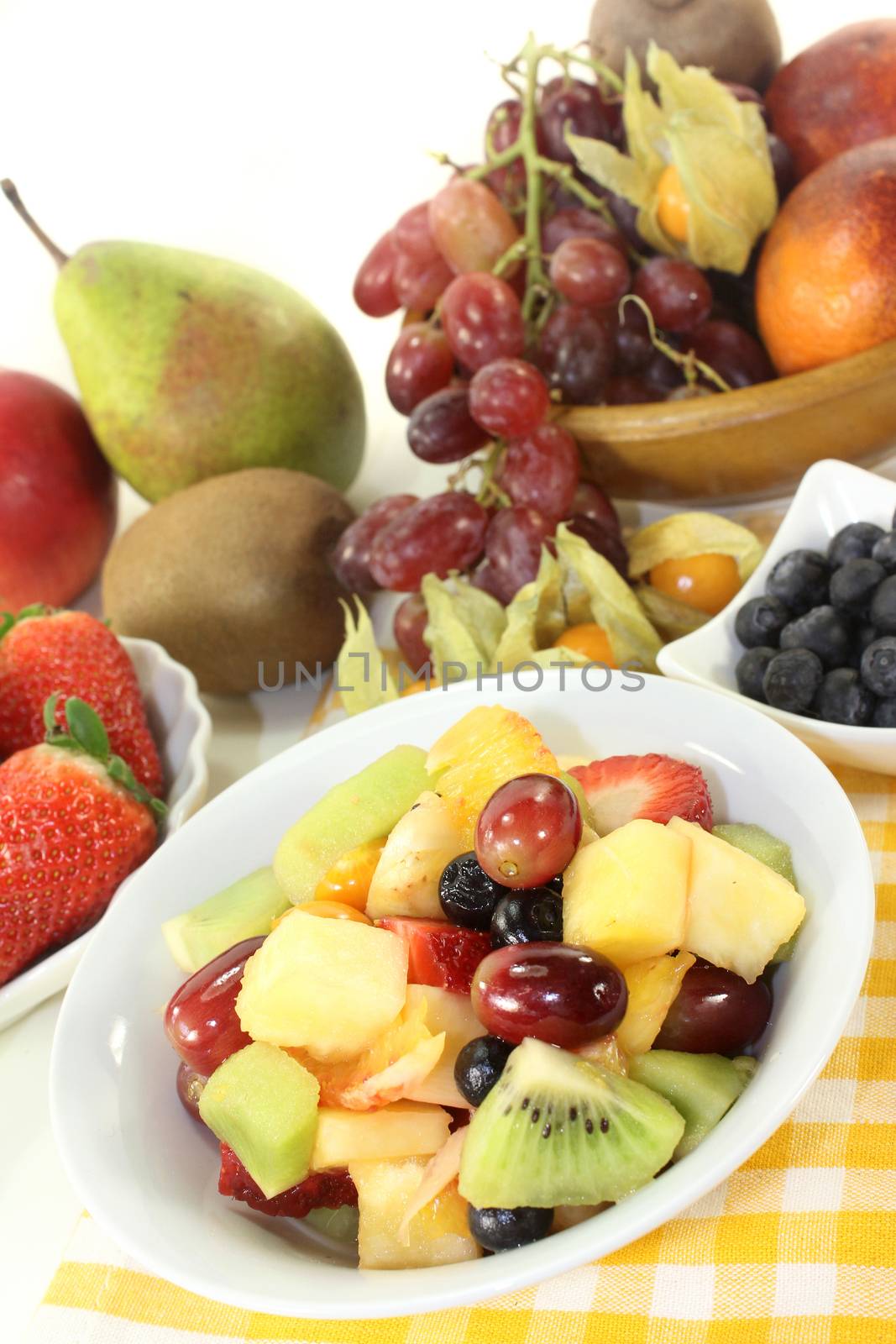 A white bowl with fresh fruit