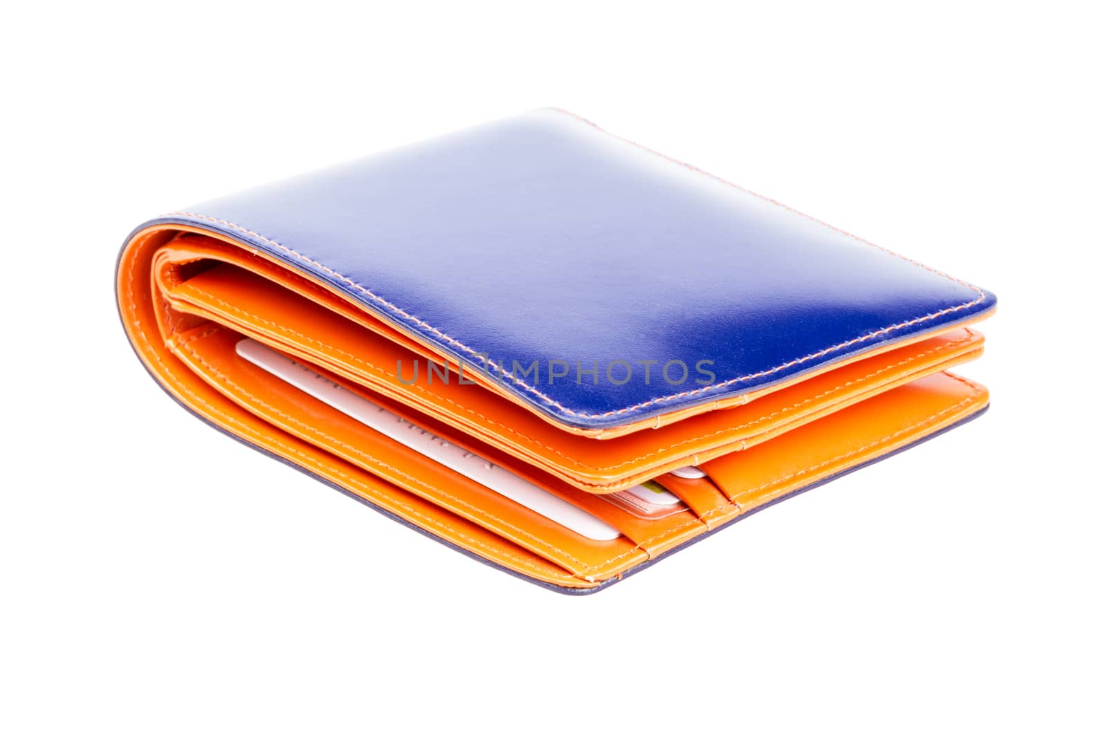 blue and orange  leather wallet on white background