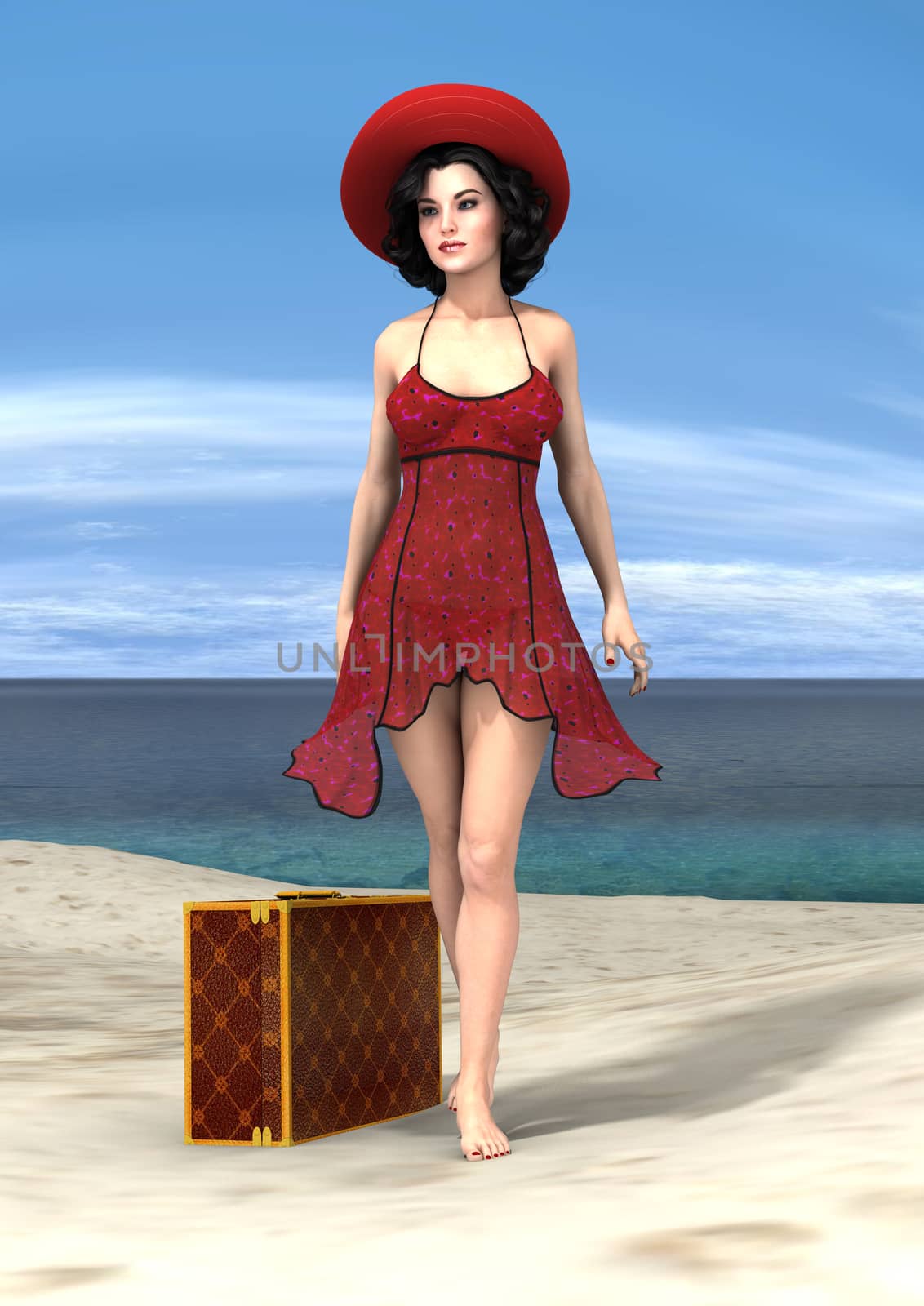 3D digital render of a vintage young woman wearing a red summer dress and a hat with a luggage on  blue sky and ocean background 