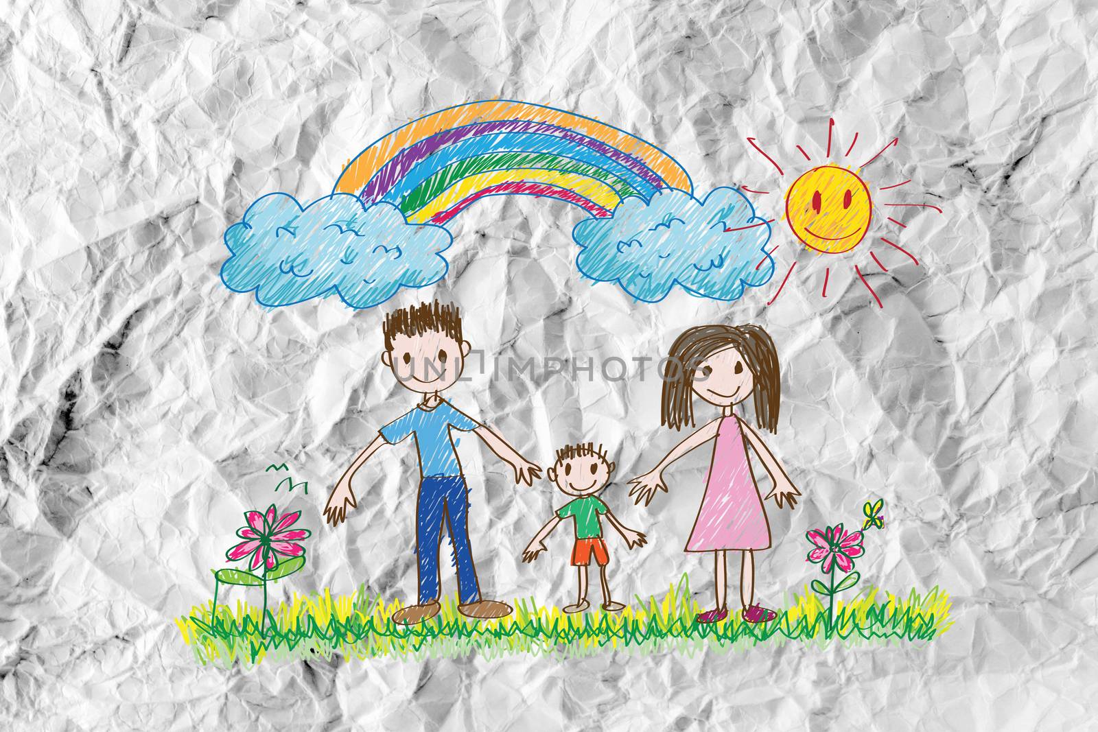 Children's drawings idea design on crumpled paper