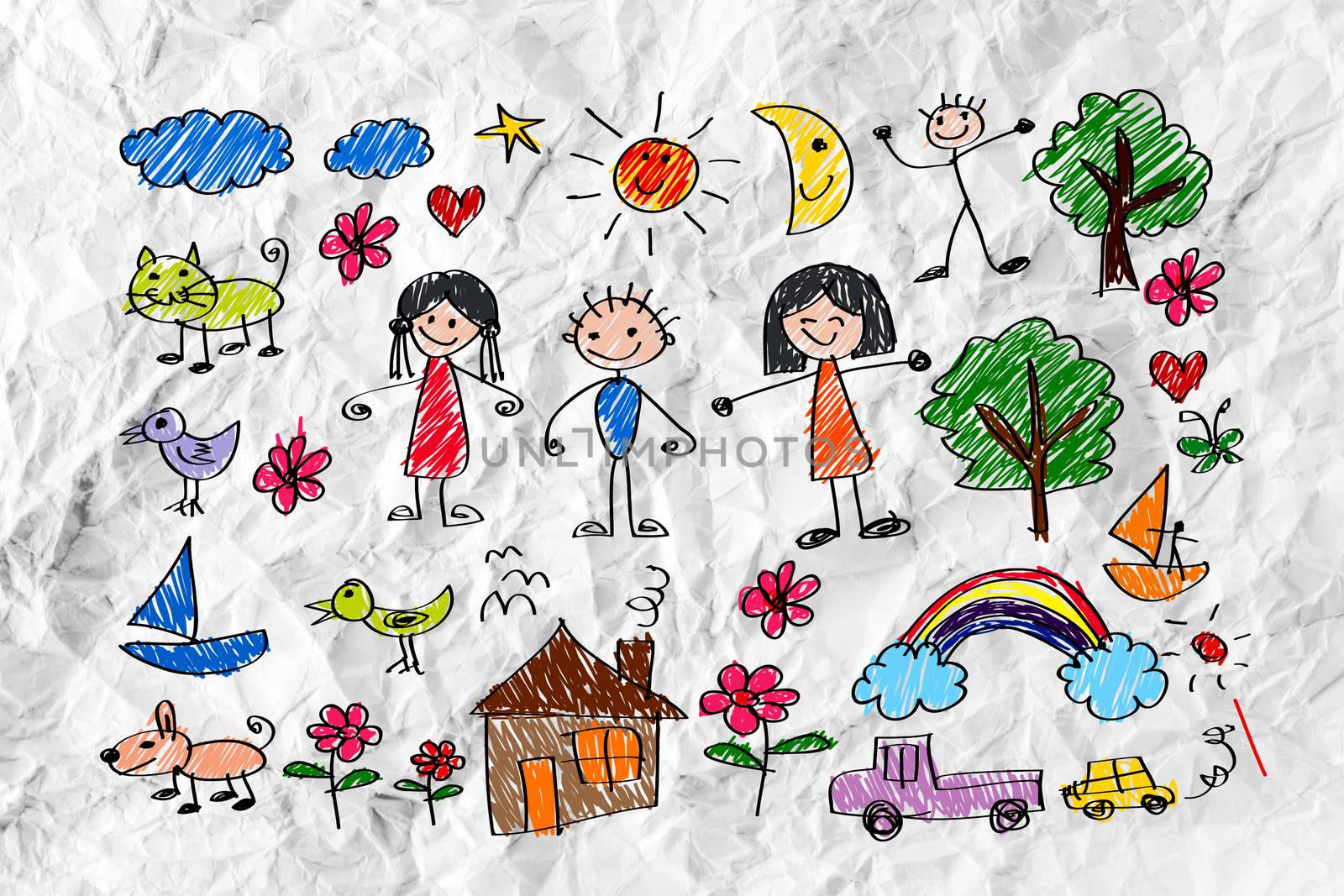 Children's drawings idea design on crumpled paper by kiddaikiddee