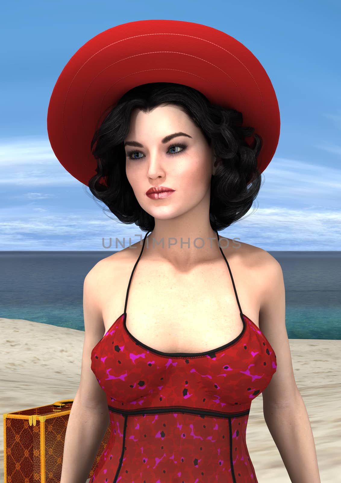 3D digital render of a vintage young woman wearing a red summer dress and a hat with a luggage on  blue sky and ocean background 