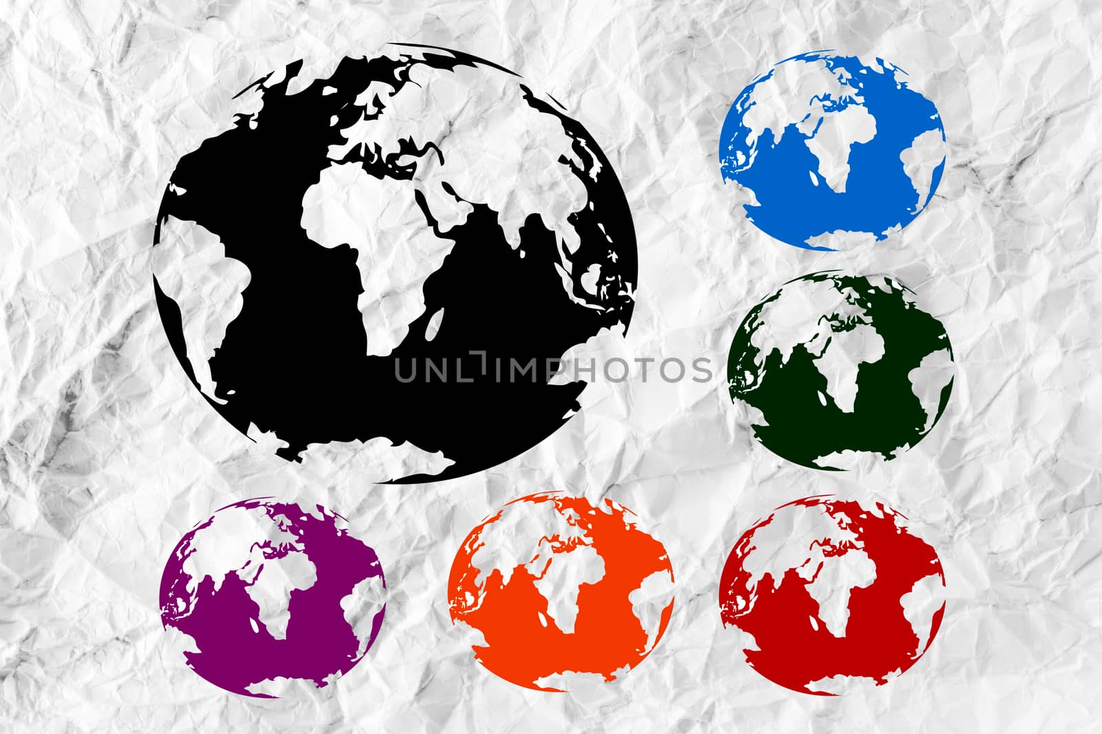 Globe earth icons themes idea design on crumpled paper