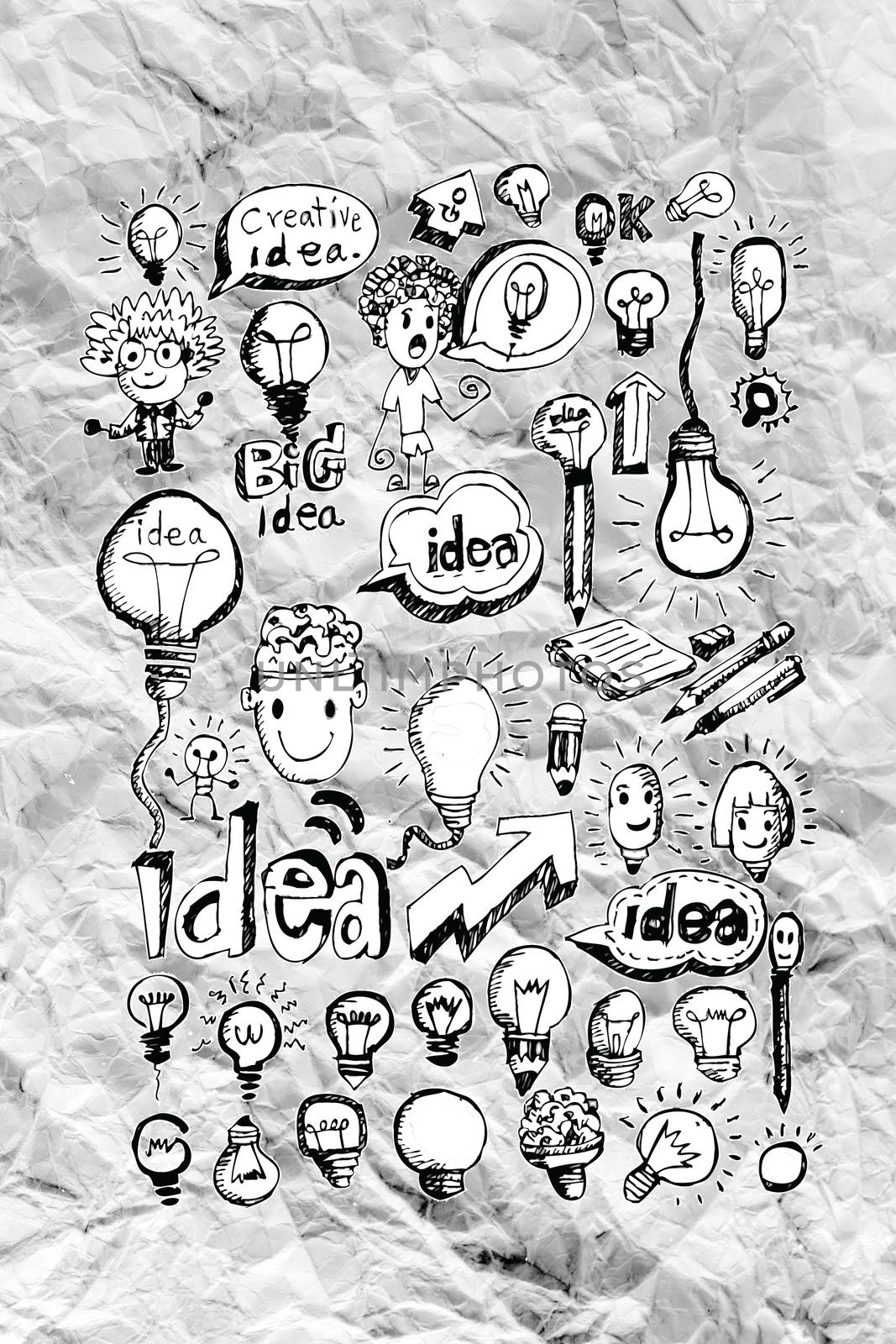 Hand doodle Business icon set idea design on crumpled paper