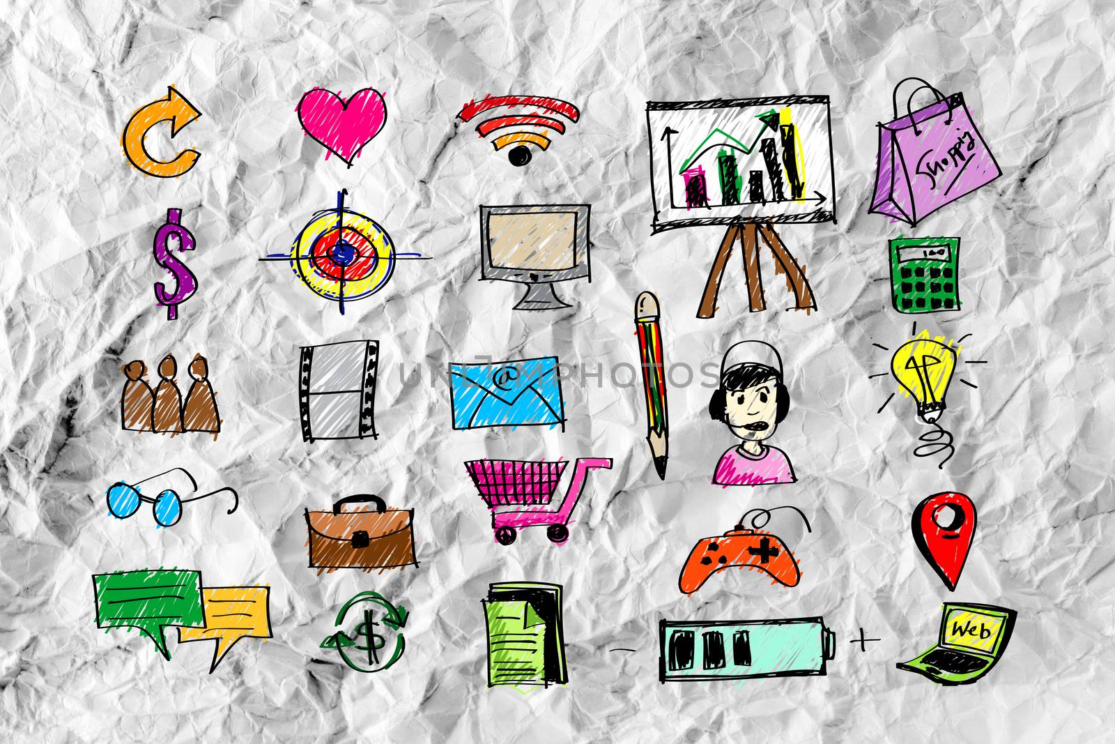 Hand doodle Business icon set idea design on crumpled paper