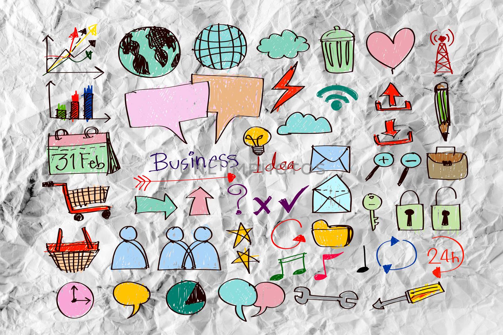 Hand doodle Business icon set idea design on crumpled paper by kiddaikiddee