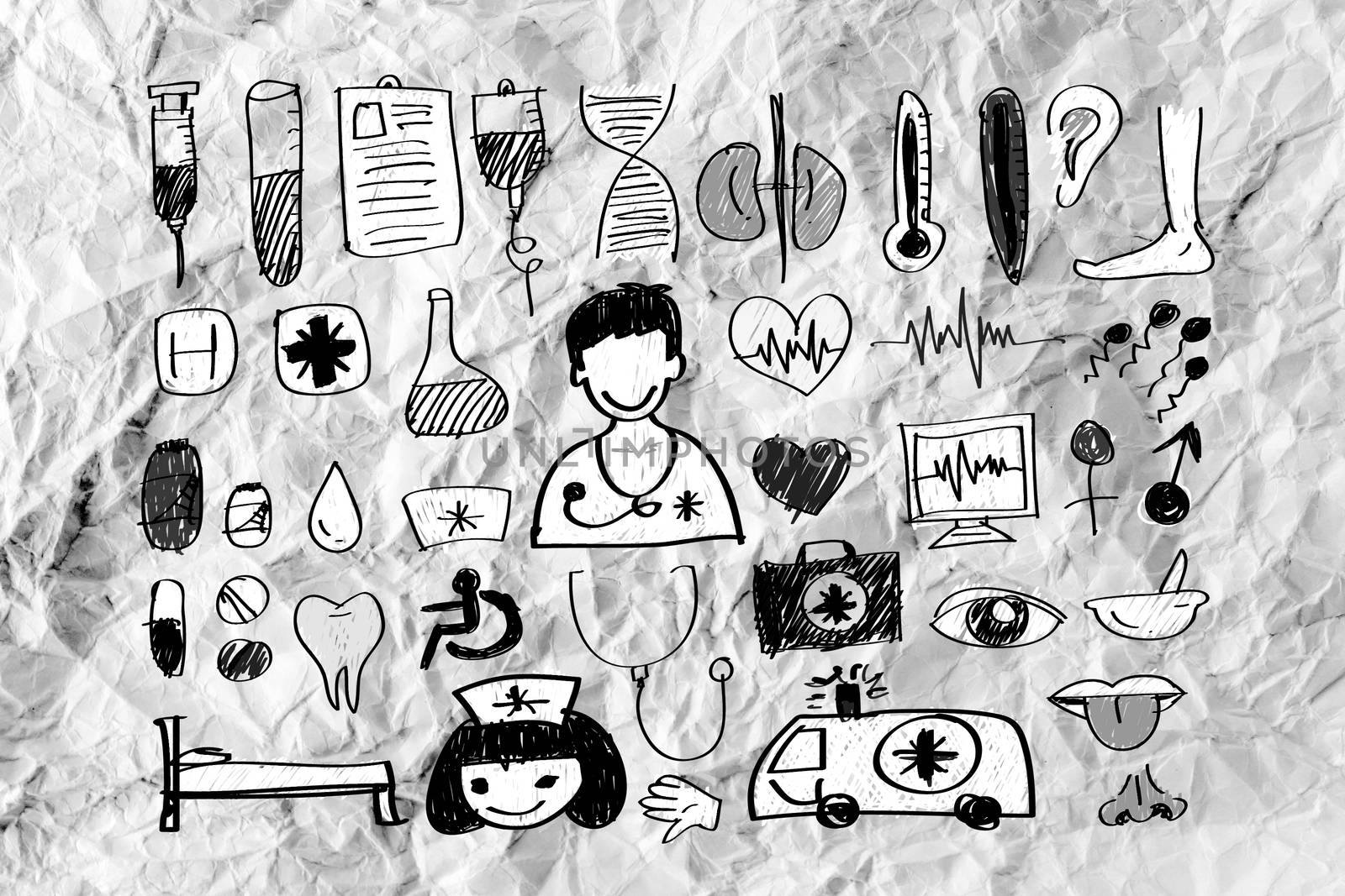 Medical icon set idea on crumpled paper by kiddaikiddee