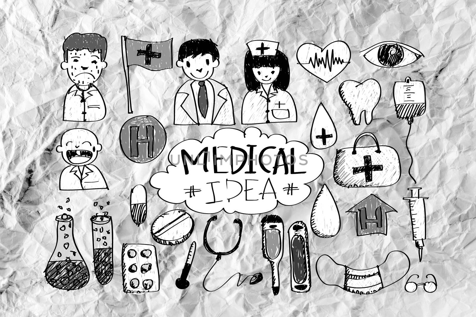 Medical icon set idea on crumpled paper by kiddaikiddee