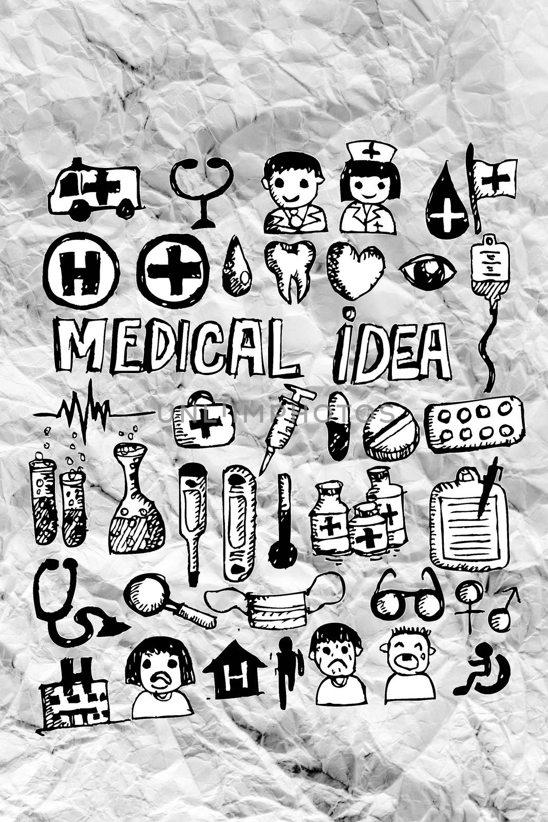 Medical icon set idea on crumpled paper by kiddaikiddee