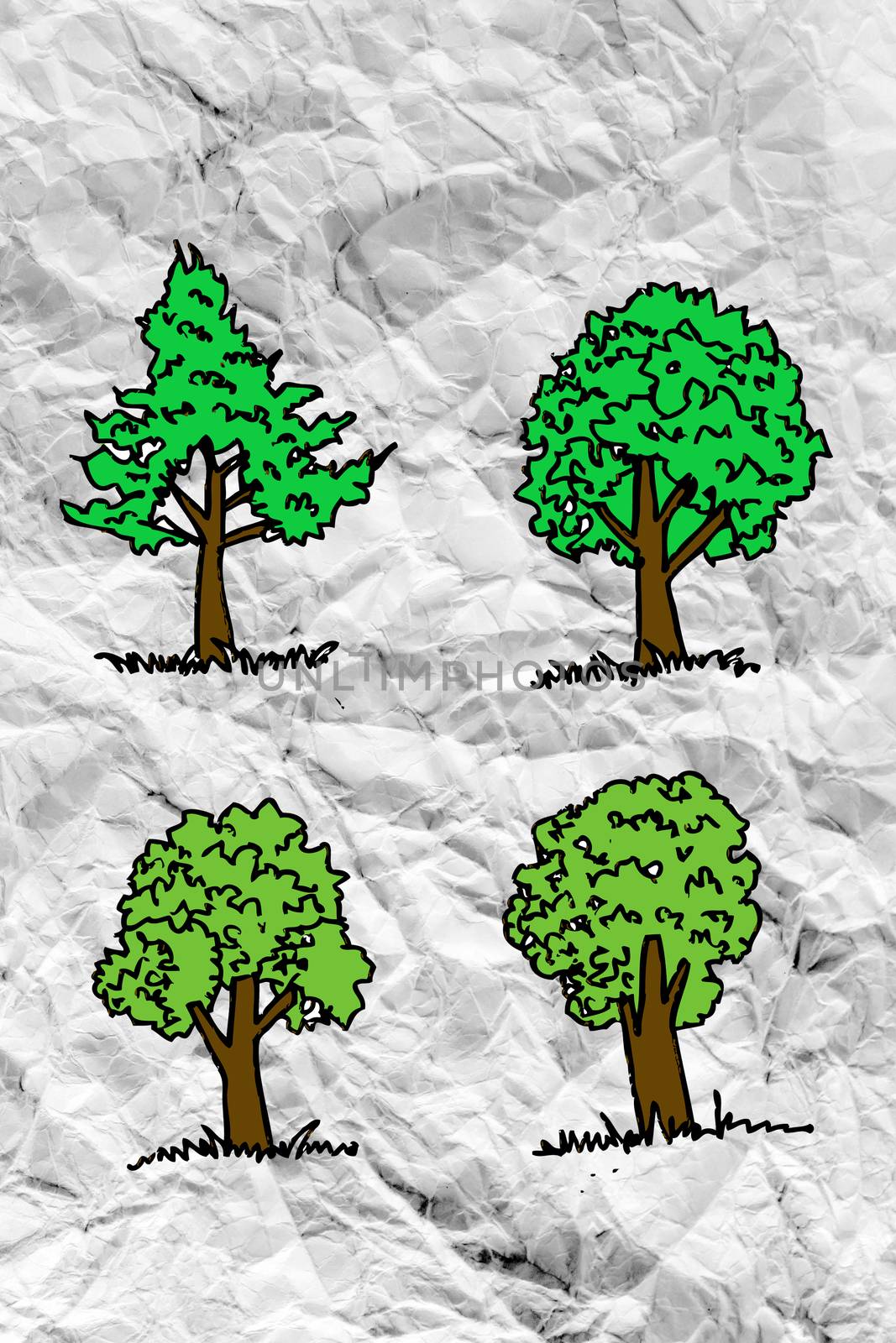 Set of trees with leaves on crumpled paper by kiddaikiddee