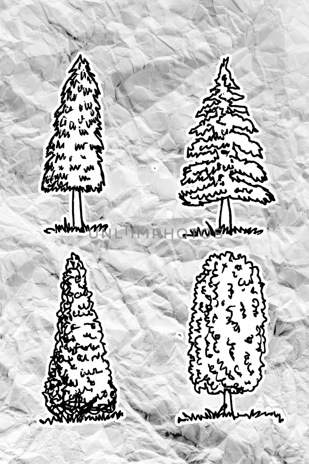 Set of trees with leaves on crumpled paper by kiddaikiddee