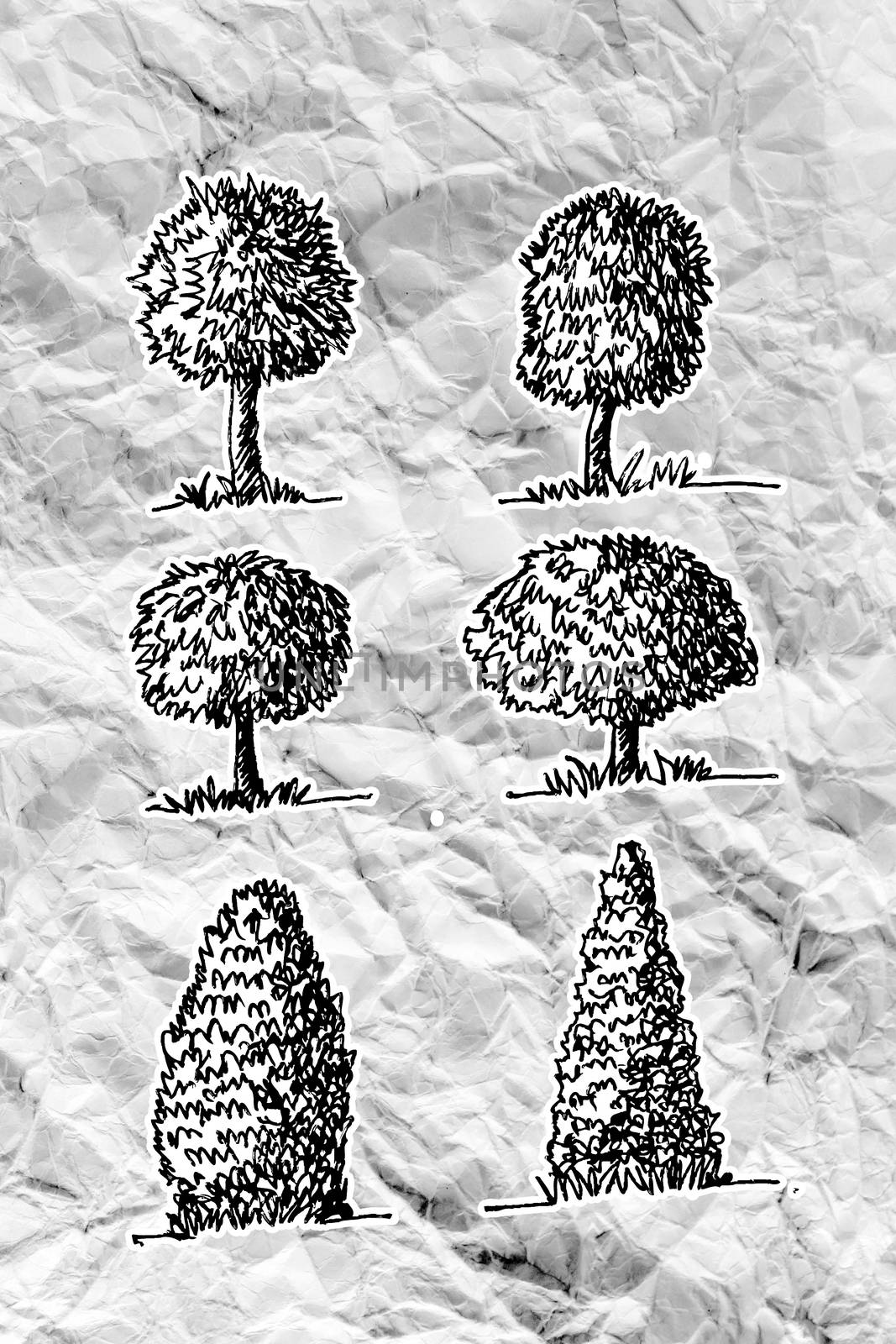 Set of trees with leaves on crumpled paper by kiddaikiddee