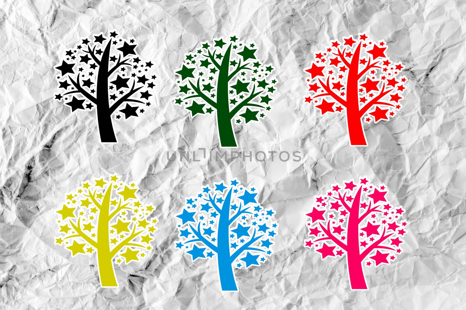 Set of trees with leaves on crumpled paper by kiddaikiddee