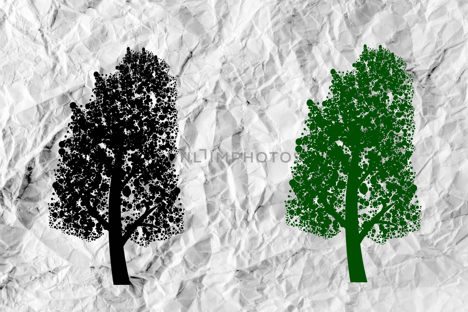 Set of trees with leaves on crumpled paper