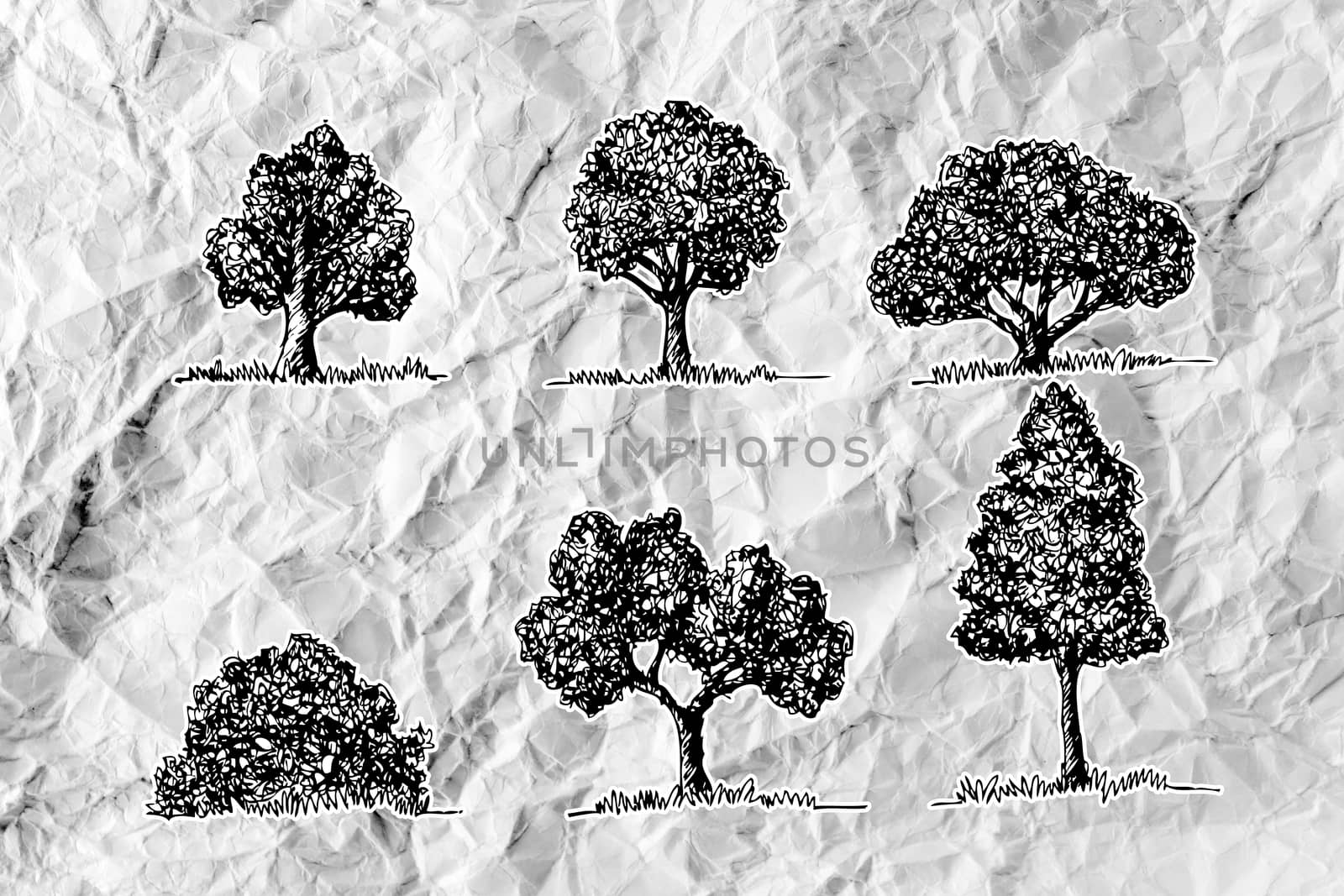 Set of trees with leaves on crumpled paper by kiddaikiddee