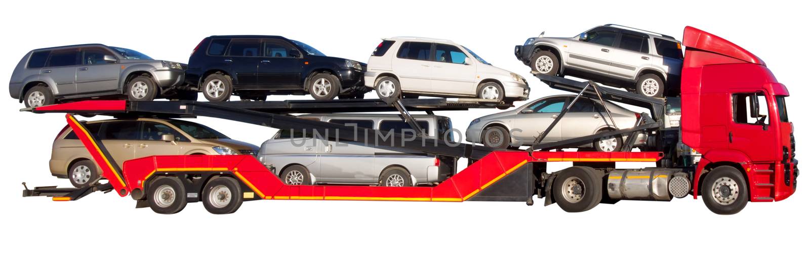 red double-decker car carrier isolated on white