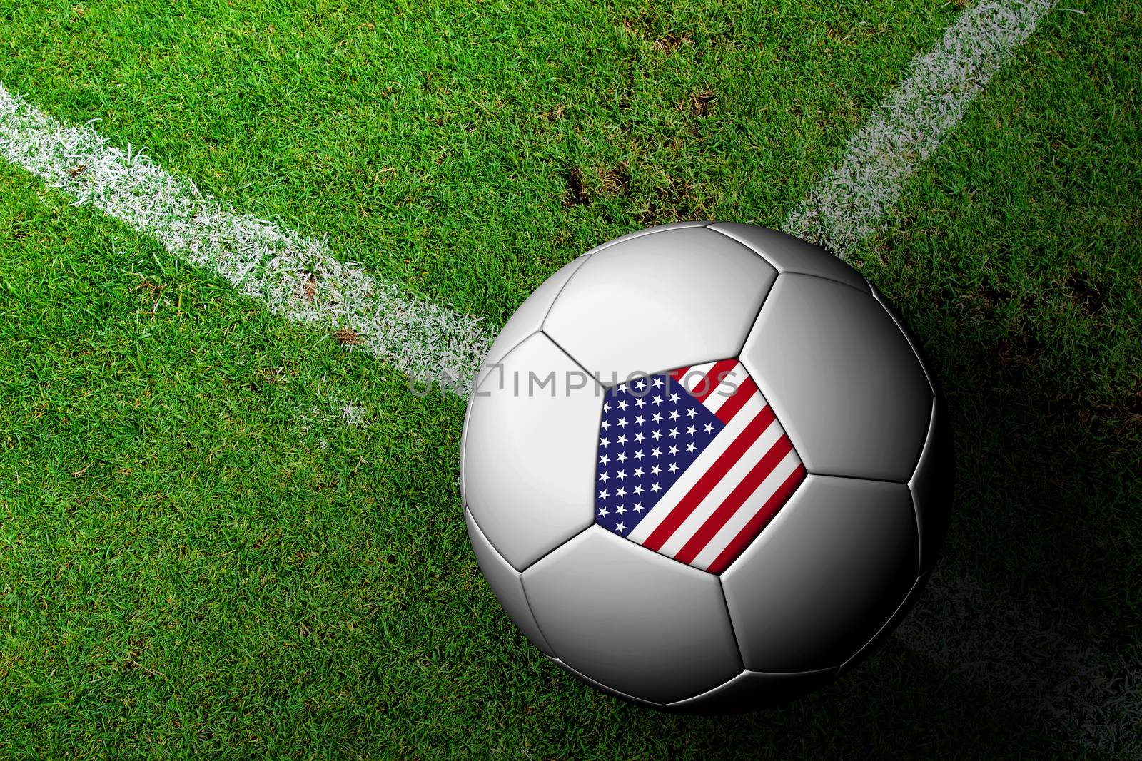 The United States Flag Pattern of a soccer ball in green grass