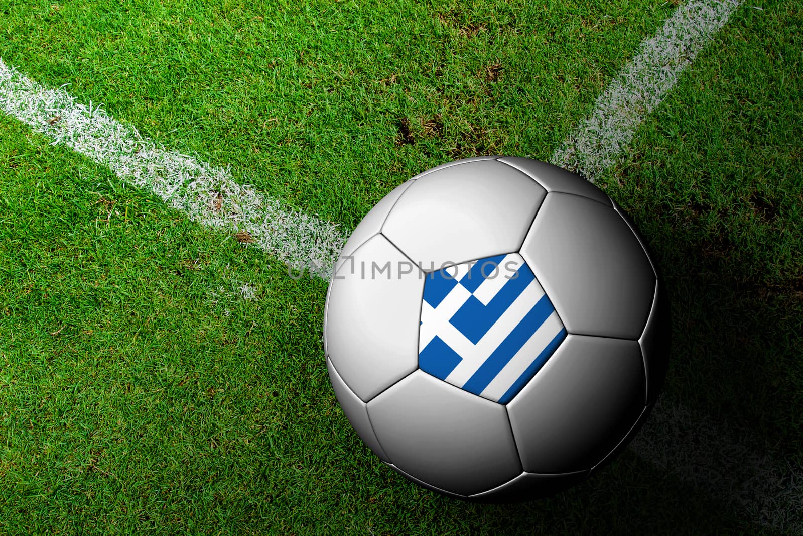 Greece Flag Pattern of a soccer ball in green grass by jakgree