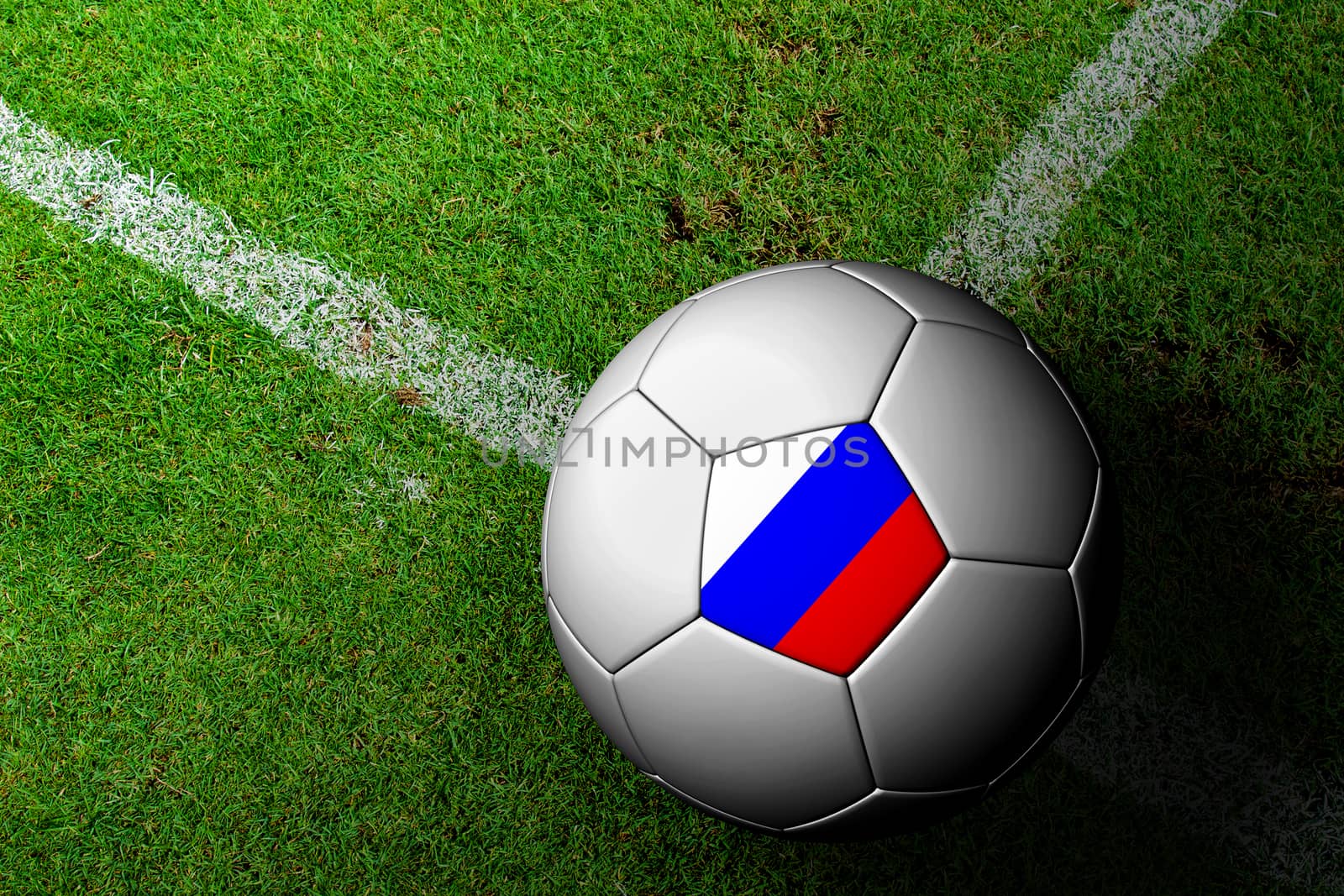 Russia Flag Pattern of a soccer ball in green grass by jakgree