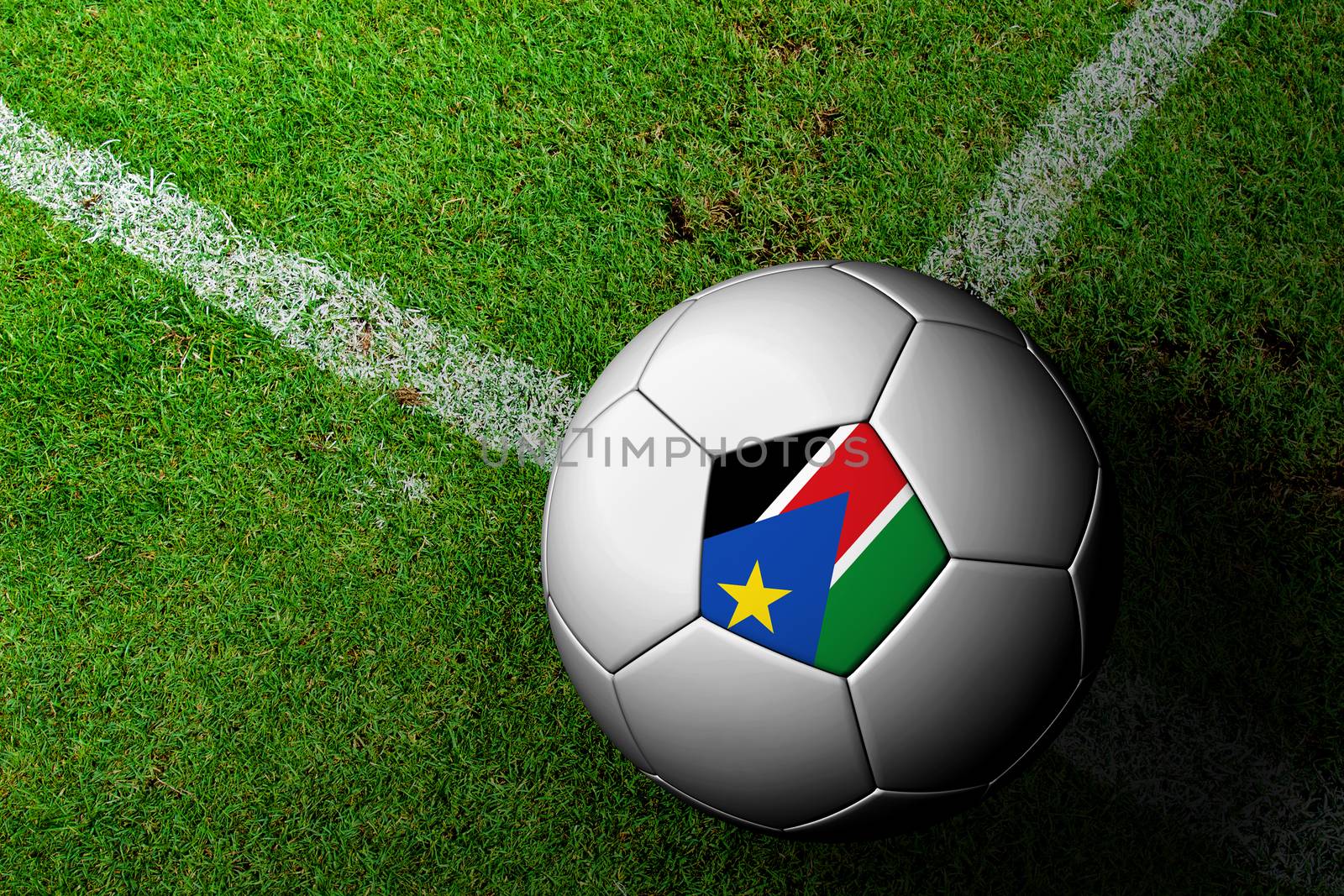 South Sudan Flag Pattern of a soccer ball in green grass