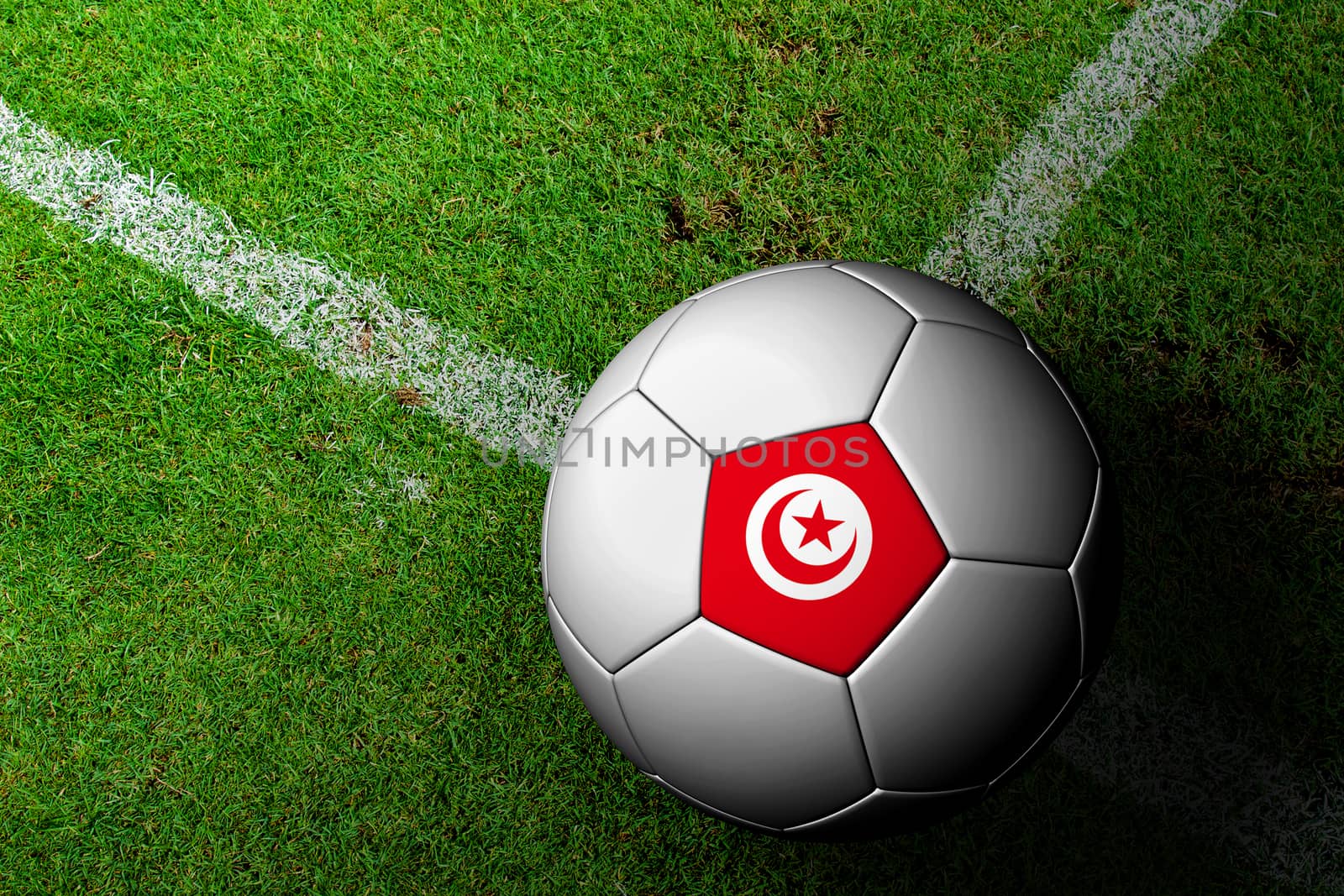 Tunisia Flag Pattern of a soccer ball in green grass by jakgree