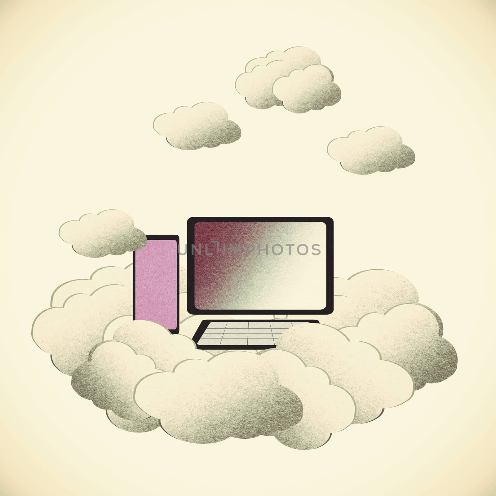 Old Recycle paper ,Cloud computing concept with PC in the clouds by jakgree