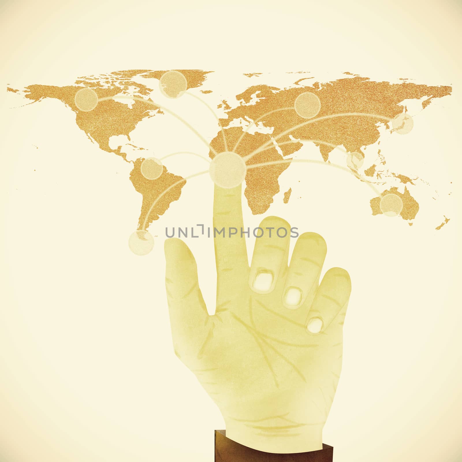 Paper texture ,Hand pressing digital button on world map on whit by jakgree