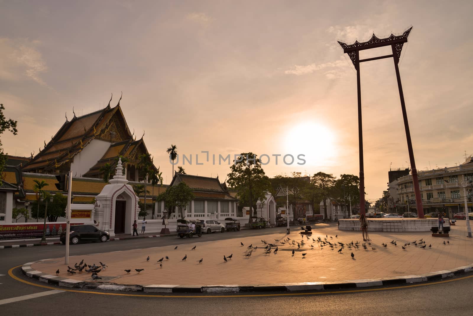  Giant Swing and Suthat Temple at Twilight Time, Bangkok, Thailand 