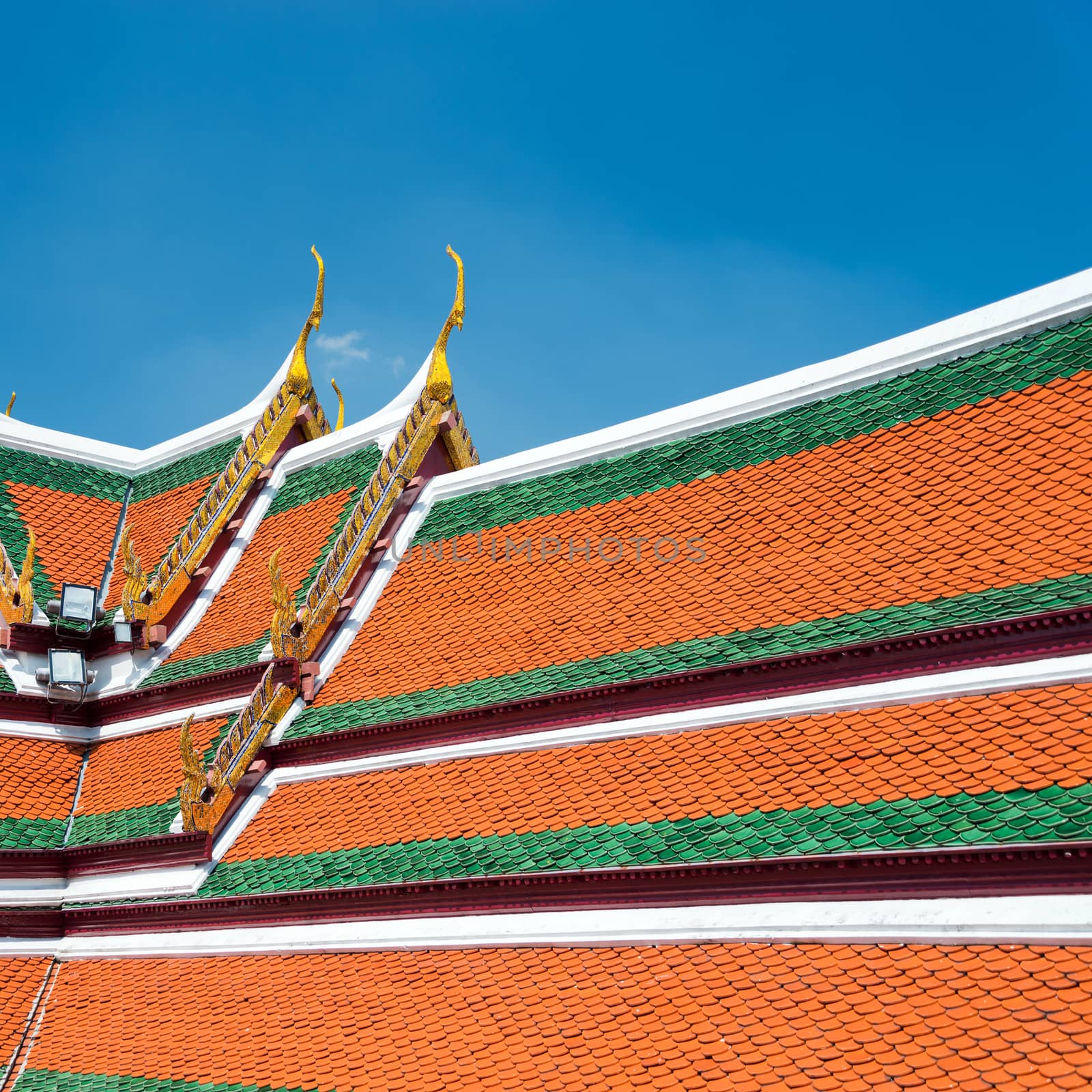 Buddhist church roof in temple in Thailand