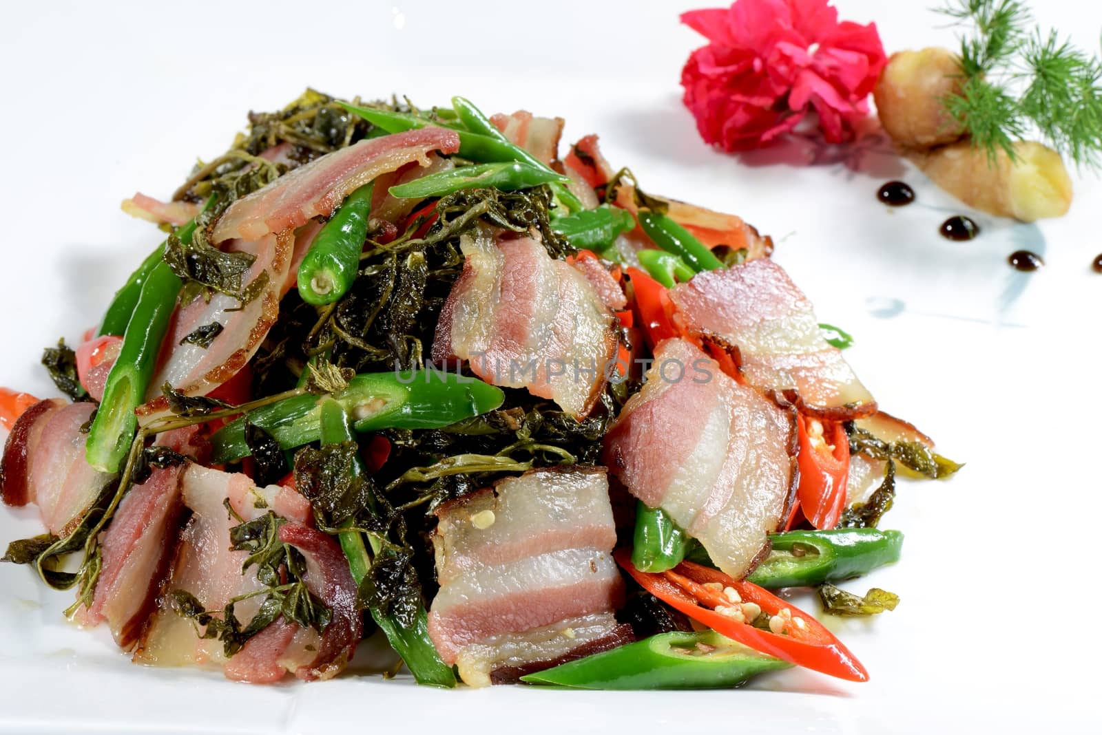 Chinese Food:Fried Bacon with Pepper on a white plate 