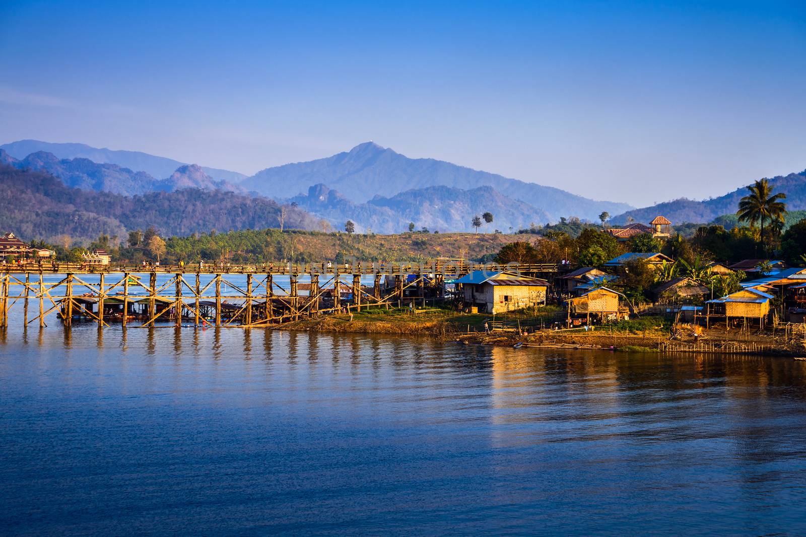 The longest wooden bridge and floating Town in Sangklaburi Kanchanaburi Thailand