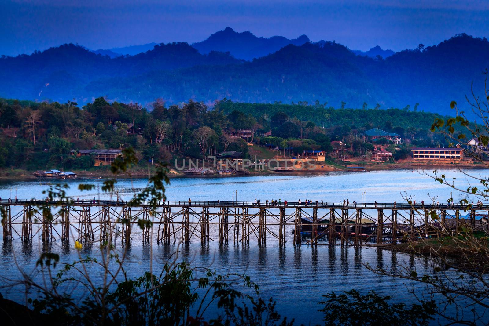 The longest wooden bridge and floating Town in Sangklaburi Kanchanaburi Thailand