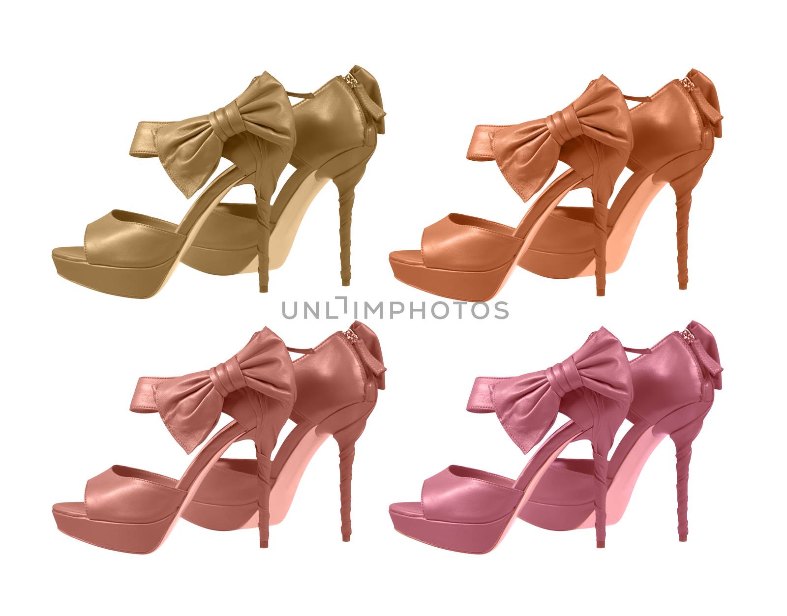 shoes with a bow in pastel colors Isolated on white. collage 