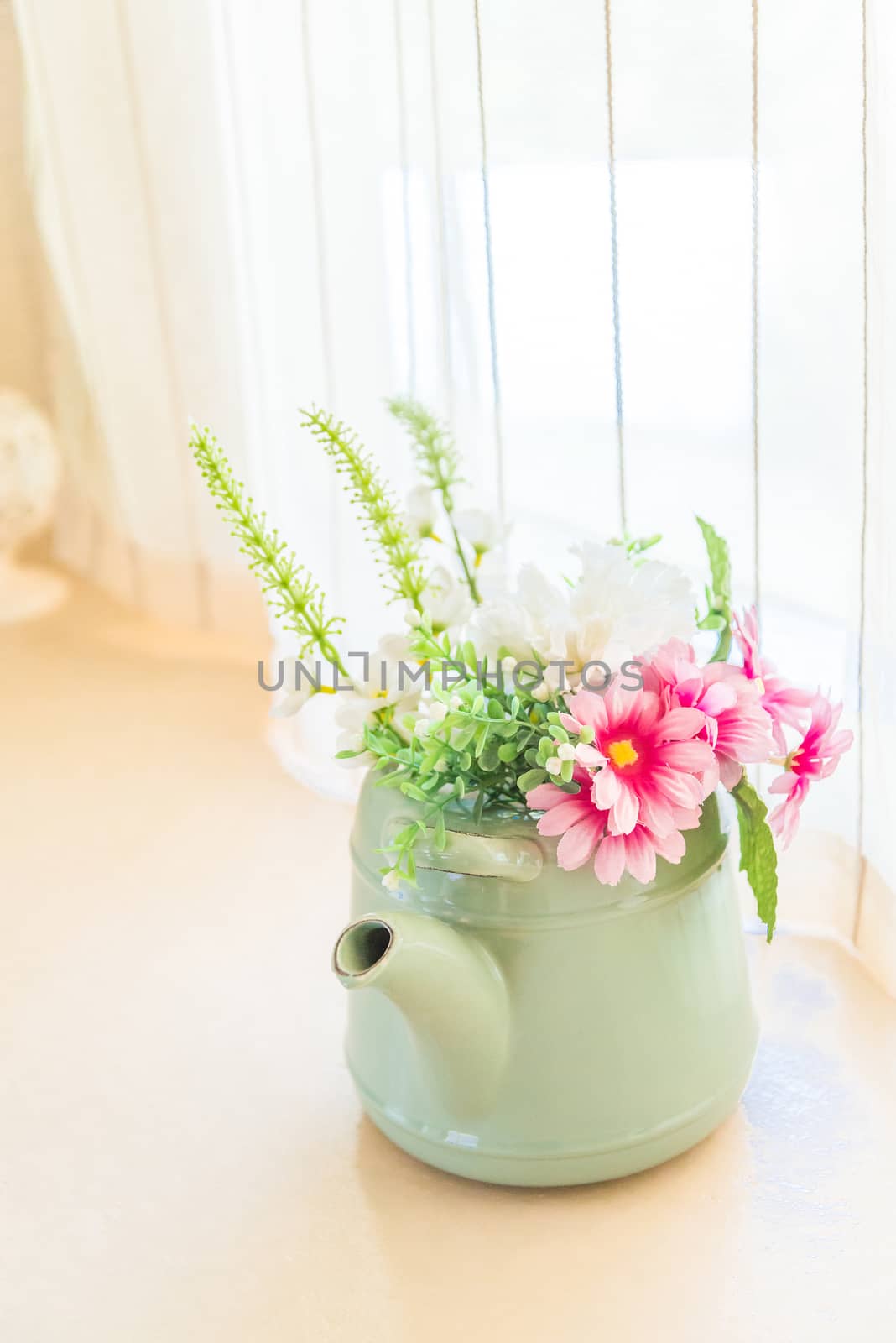 Vintage tone artificial flower on pot -  home interior by jakgree