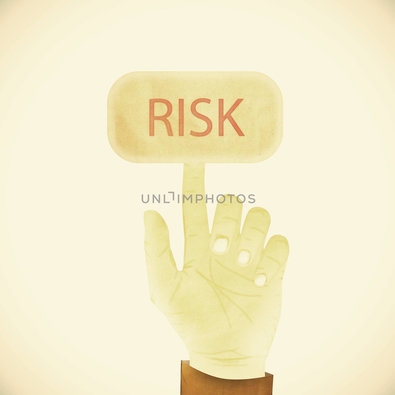 Old Paper texture ,Hand gesture pointing at Risk button by jakgree