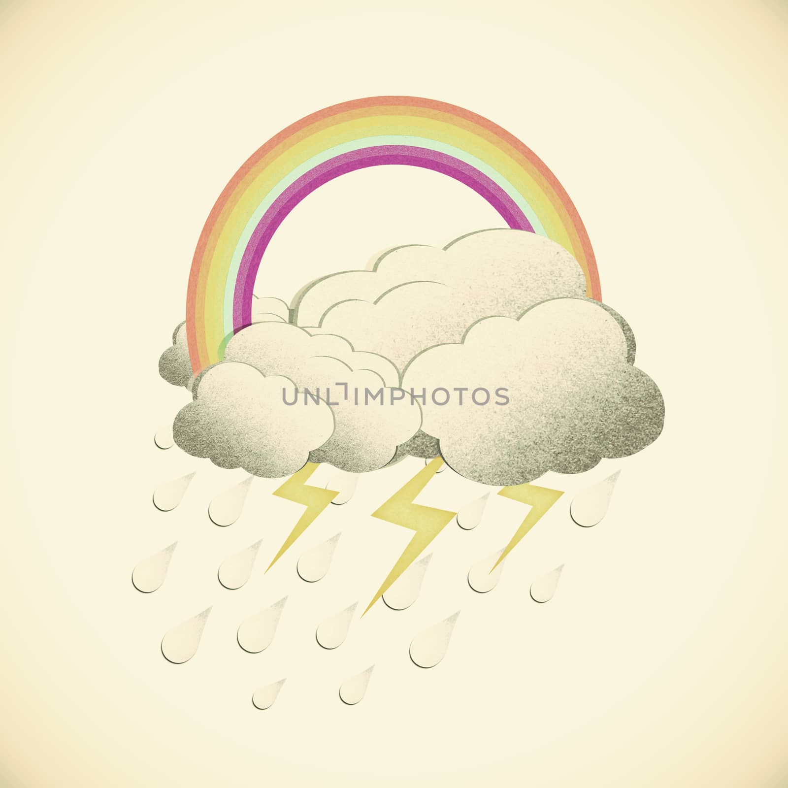  Grunge recycled paper rainbow with rain on vintage tone background