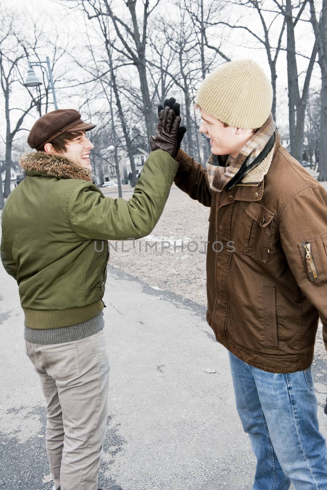 Two men doing high five in park by elenathewise