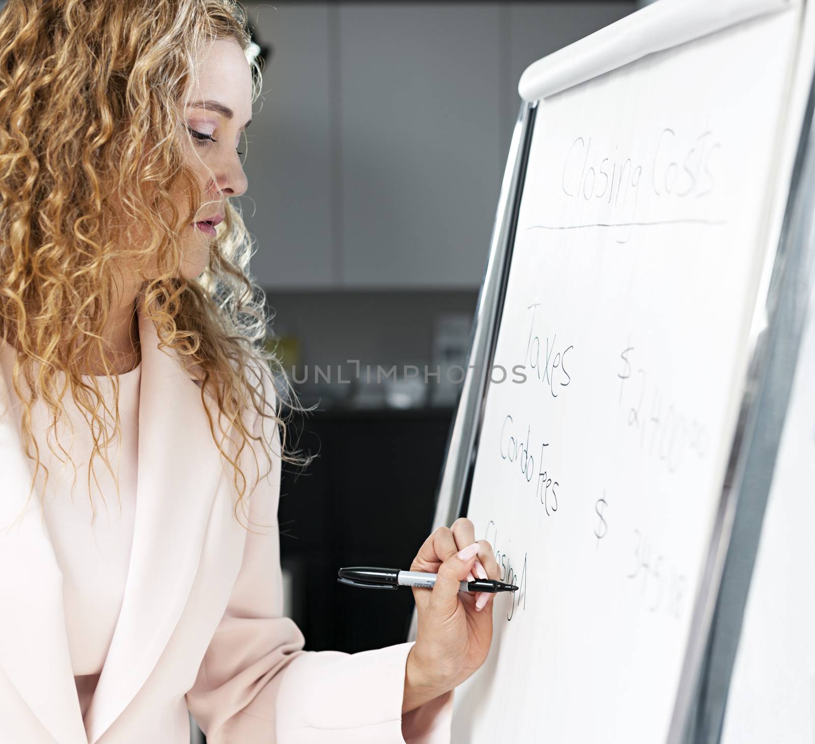 Real estate agent writing on flip chart