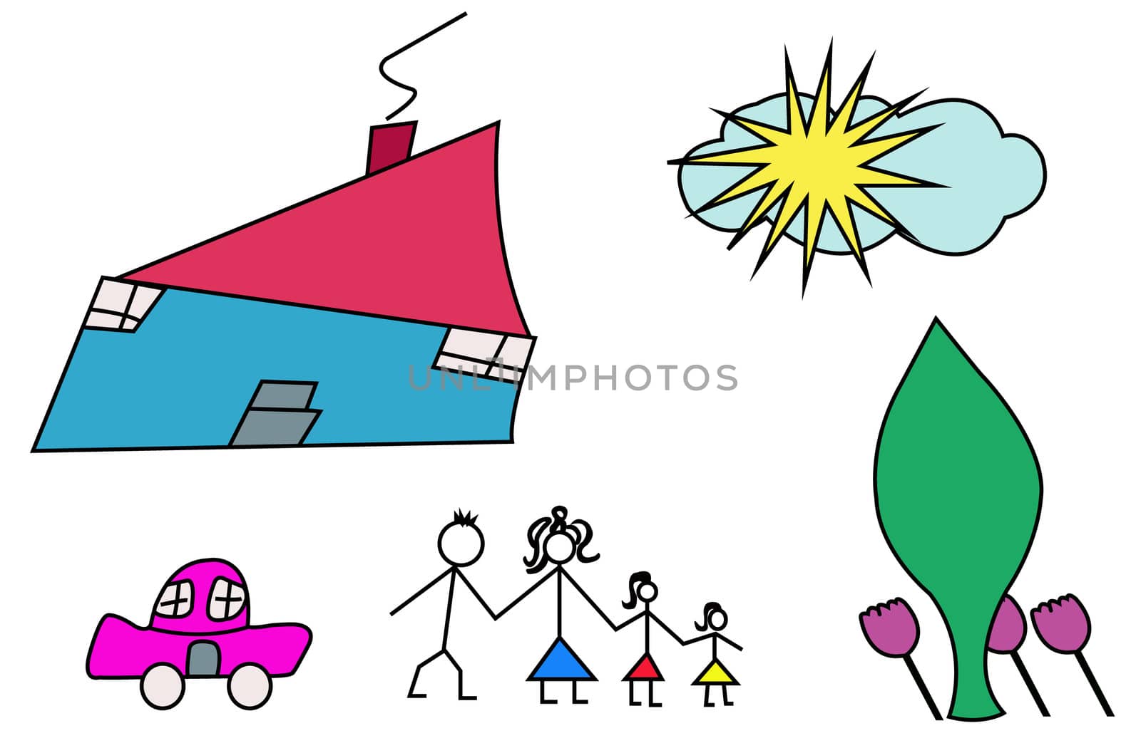 childish drawn ,my sweet home and family