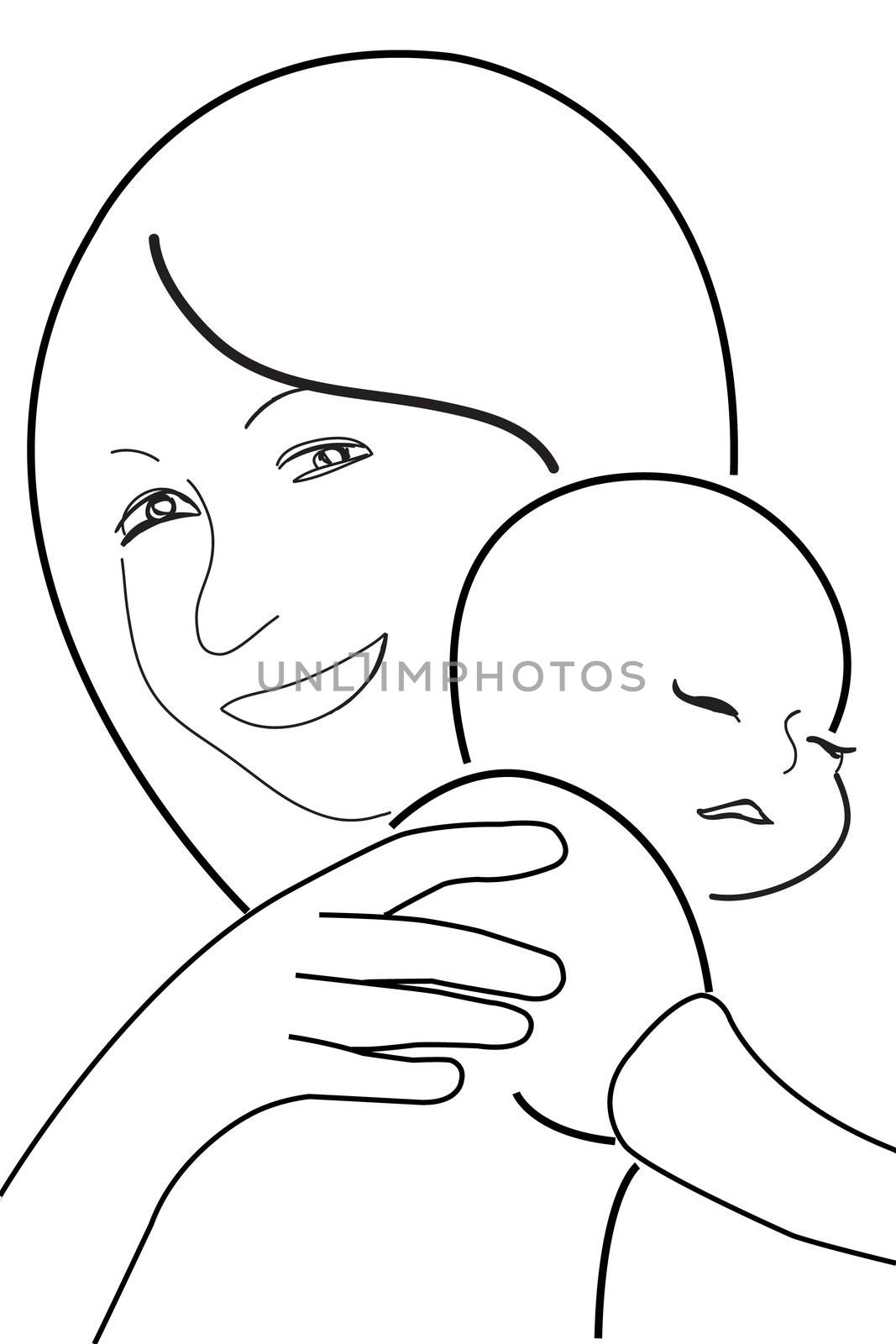 mother and child, vector sketch in black lines by Dr.G