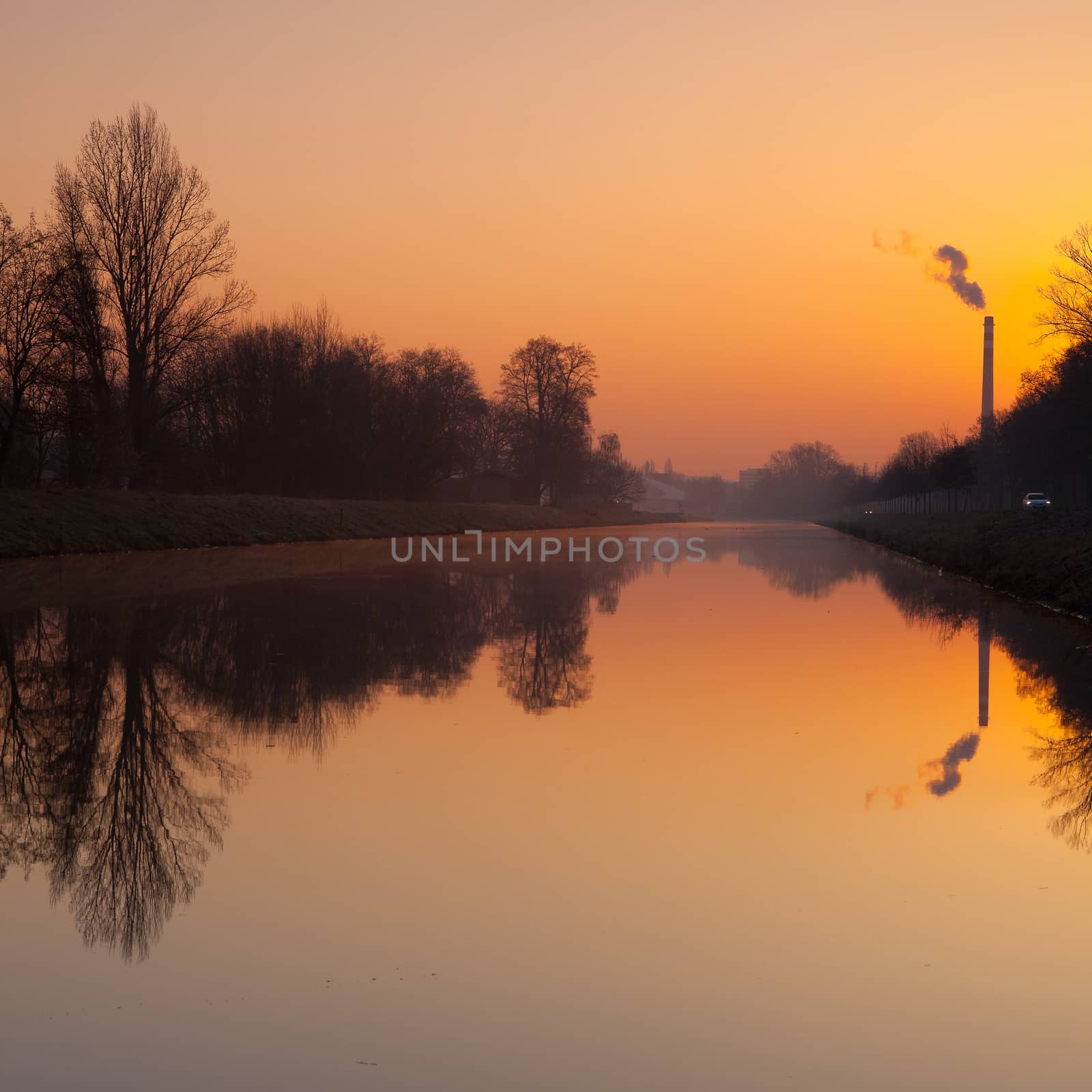 Artifical canal for river steamers in Prague at sunrise