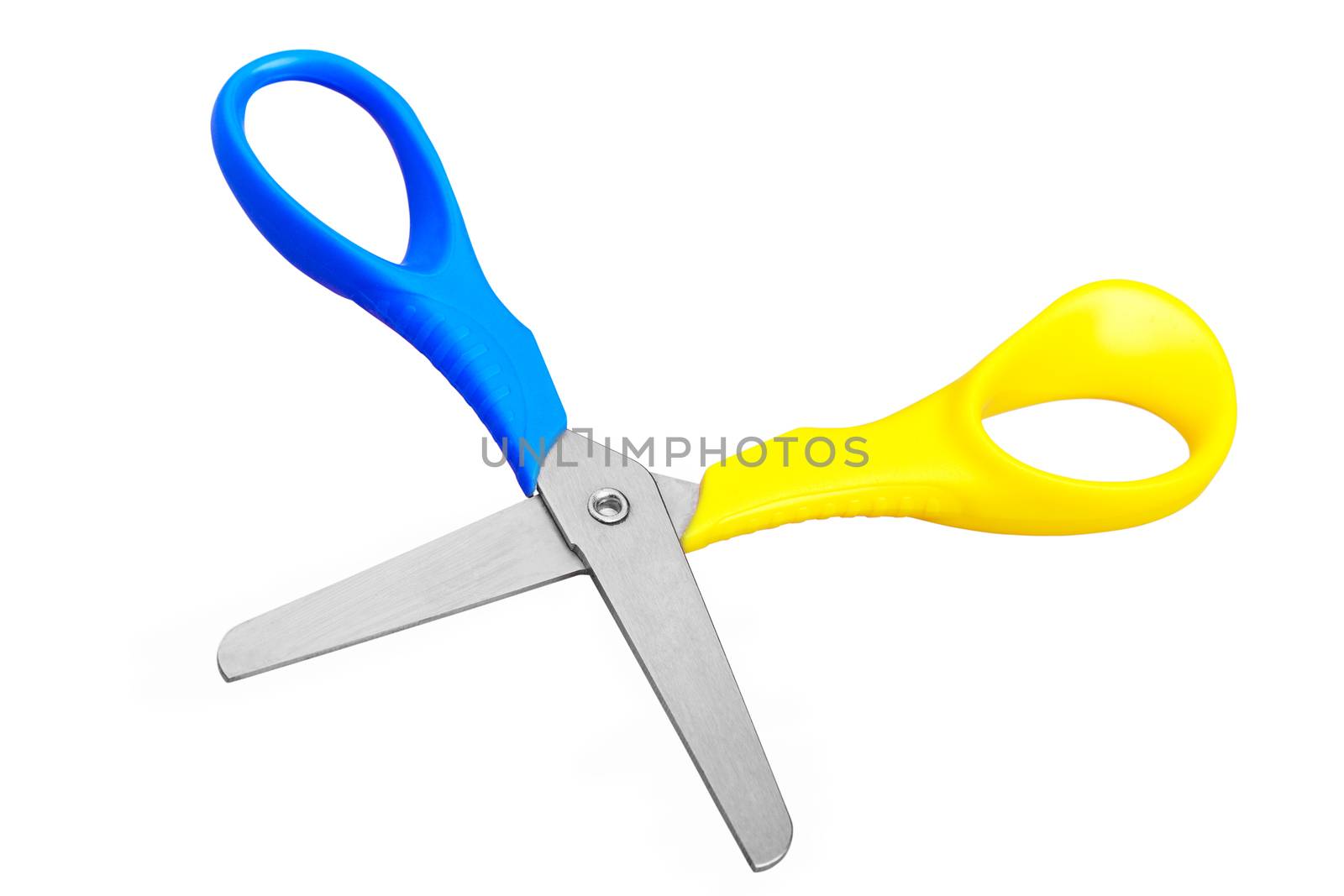 Blue scissors on white background