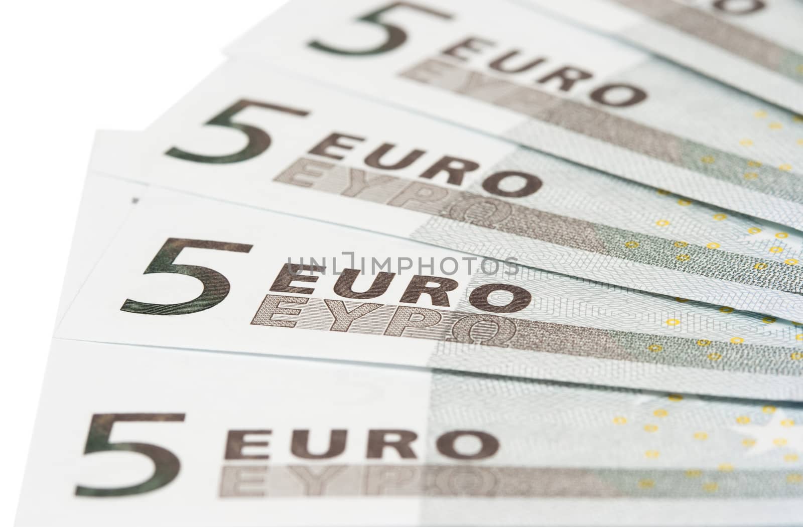 some banknotes on five euros on a white background