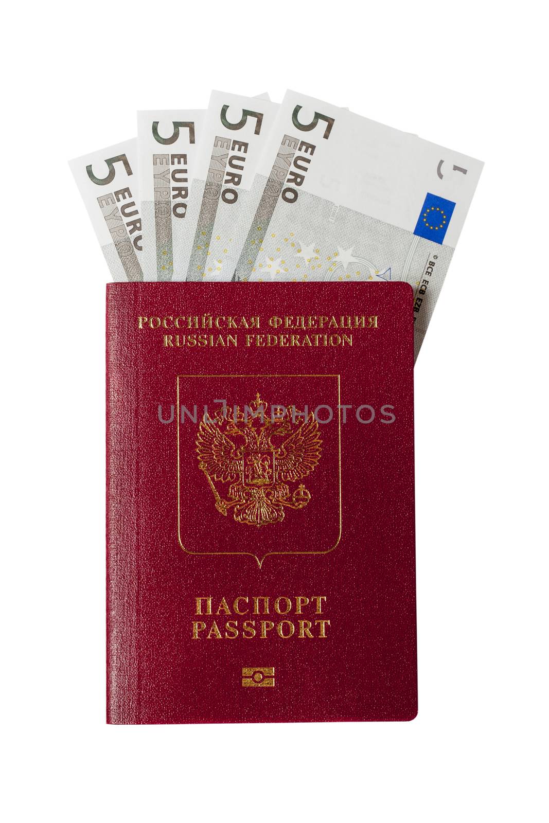 Russian passport and banknotes for five euros on a white background